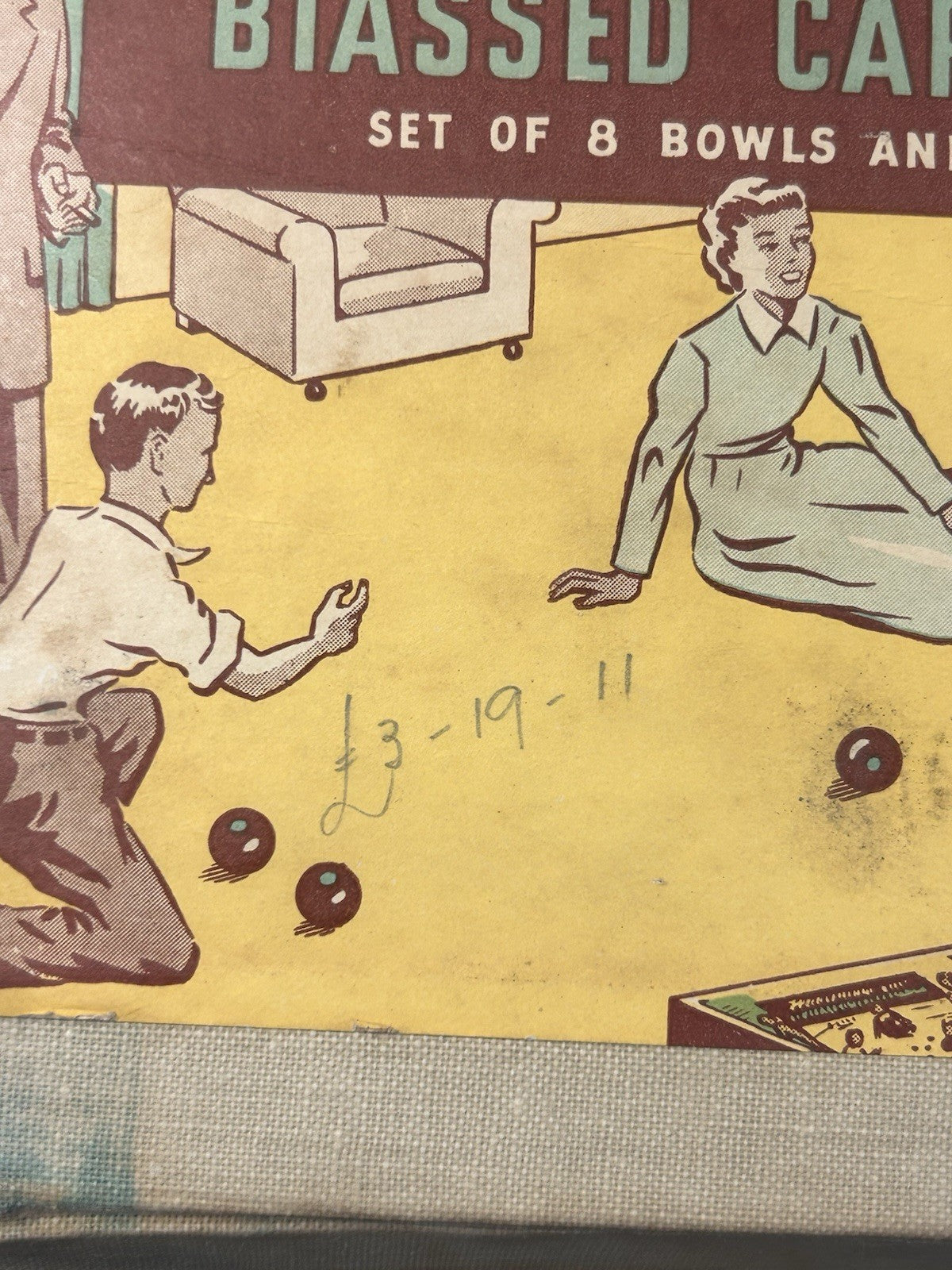 Vintage c1950s Henselite Junior Biassed Carpet Bowls Complete Set, Jack & Rules