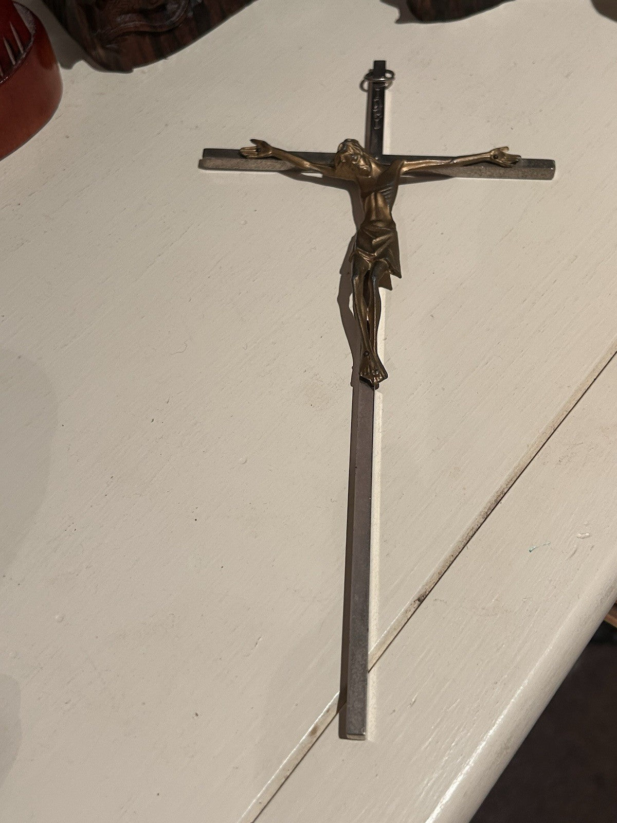 Vintage Italian Metal Crucifix INRI 25cm Wall Cross Brass Jesus c1950s