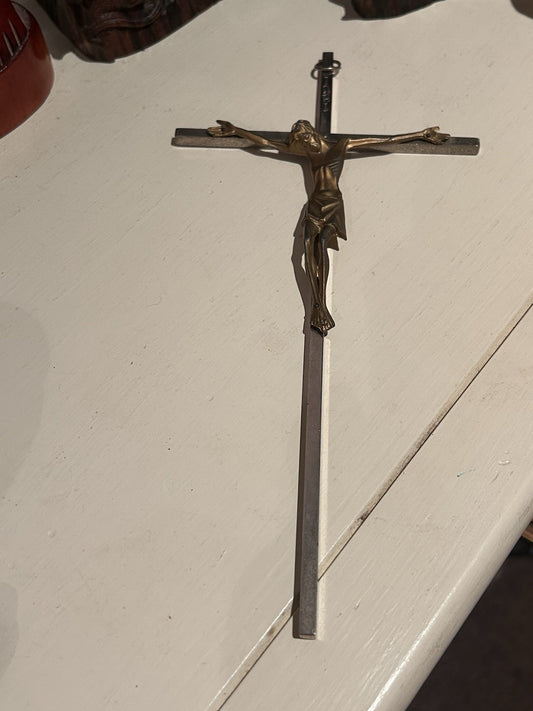 Vintage Italian Metal Crucifix INRI 25cm Wall Cross Brass Jesus c1950s