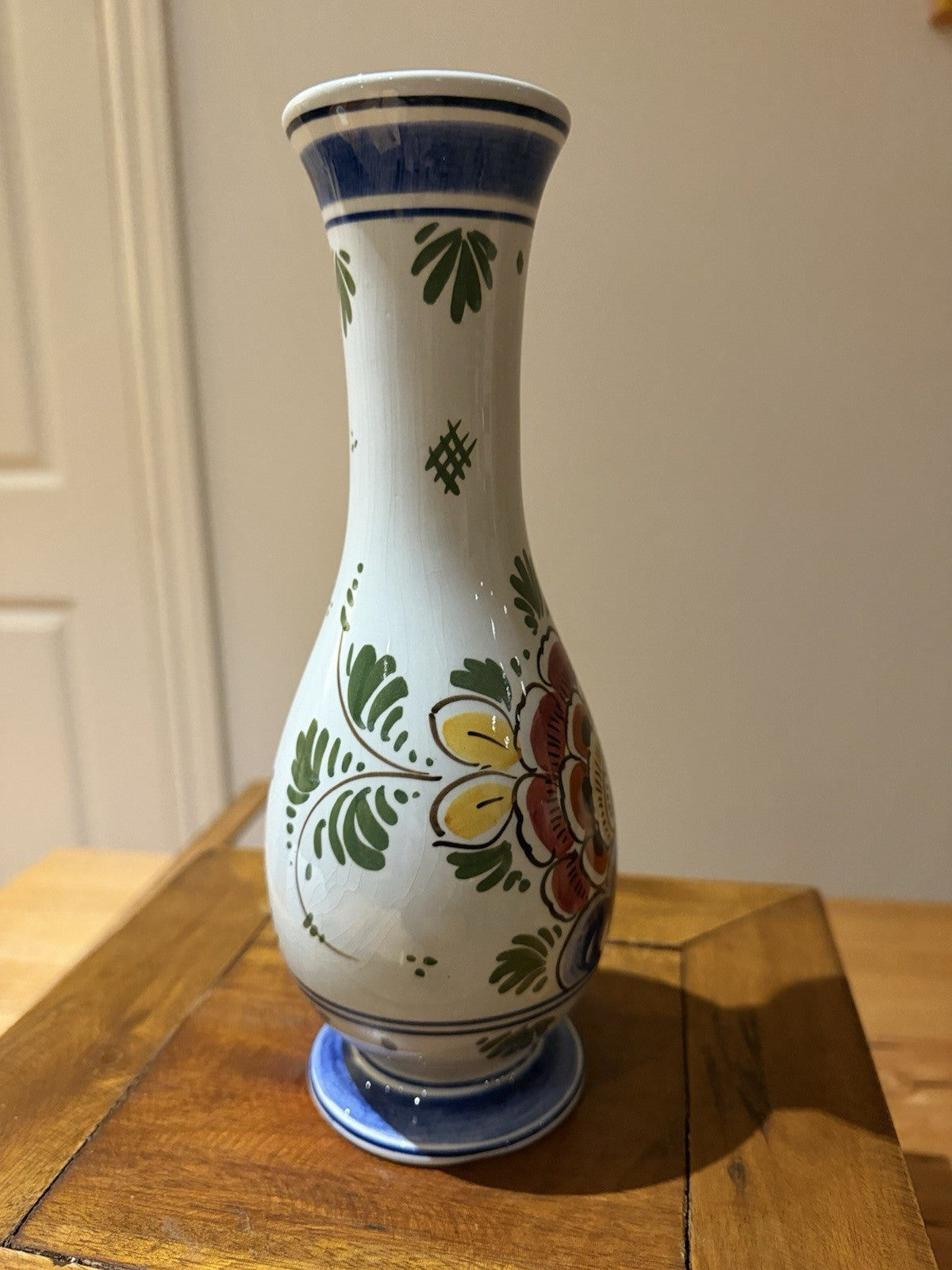 Vintage De Delftse Pauw Hand Painted Delft Holland Floral Vase 23cm