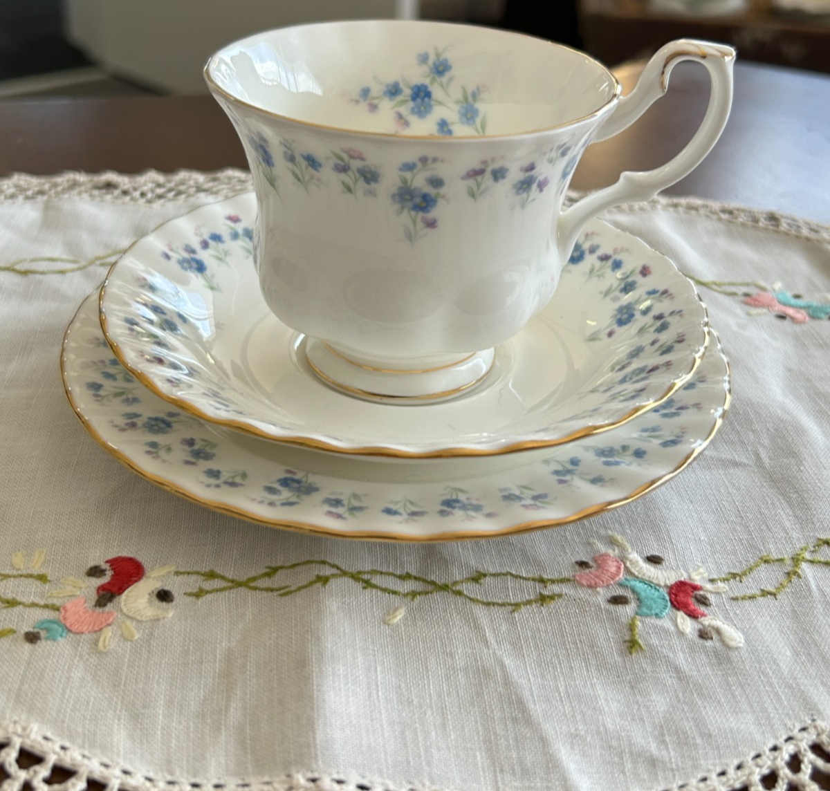 Royal Albert "Memory Lane" bone china tea cup, saucer & side plate trio