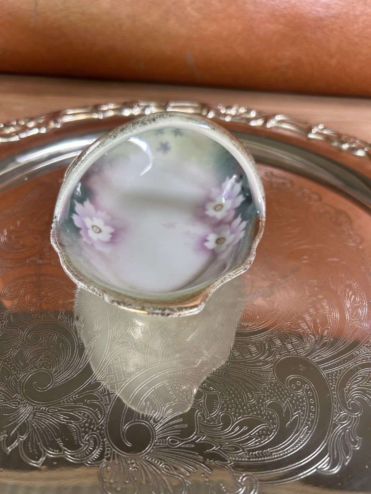 Antique Silesia Handled Dish Hand Painted Floral Gold Trim c.1900s Germany