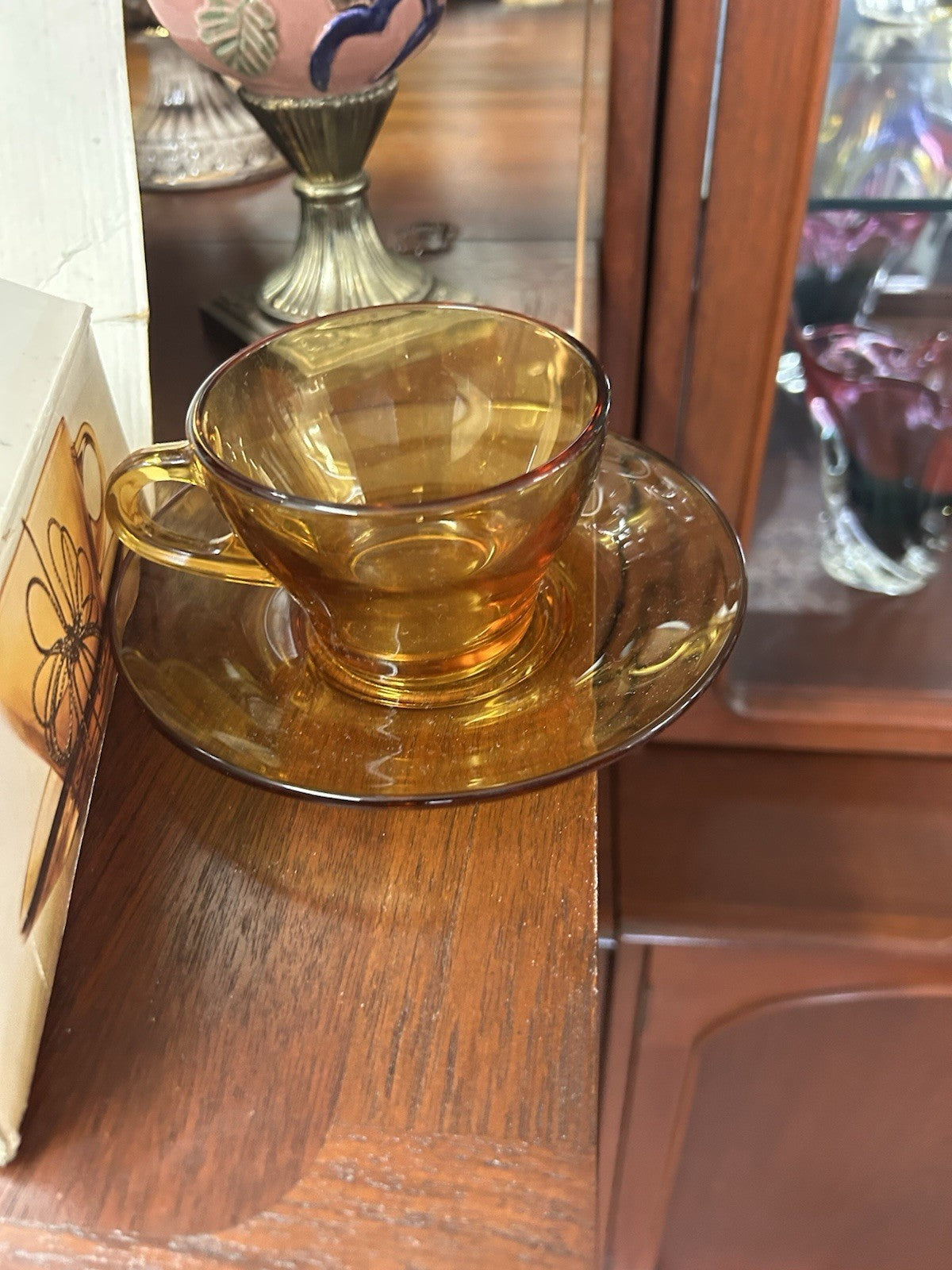 Vintage Bormioli Amber Glass Tea Set 6 Cups & Saucers Boxed Italian