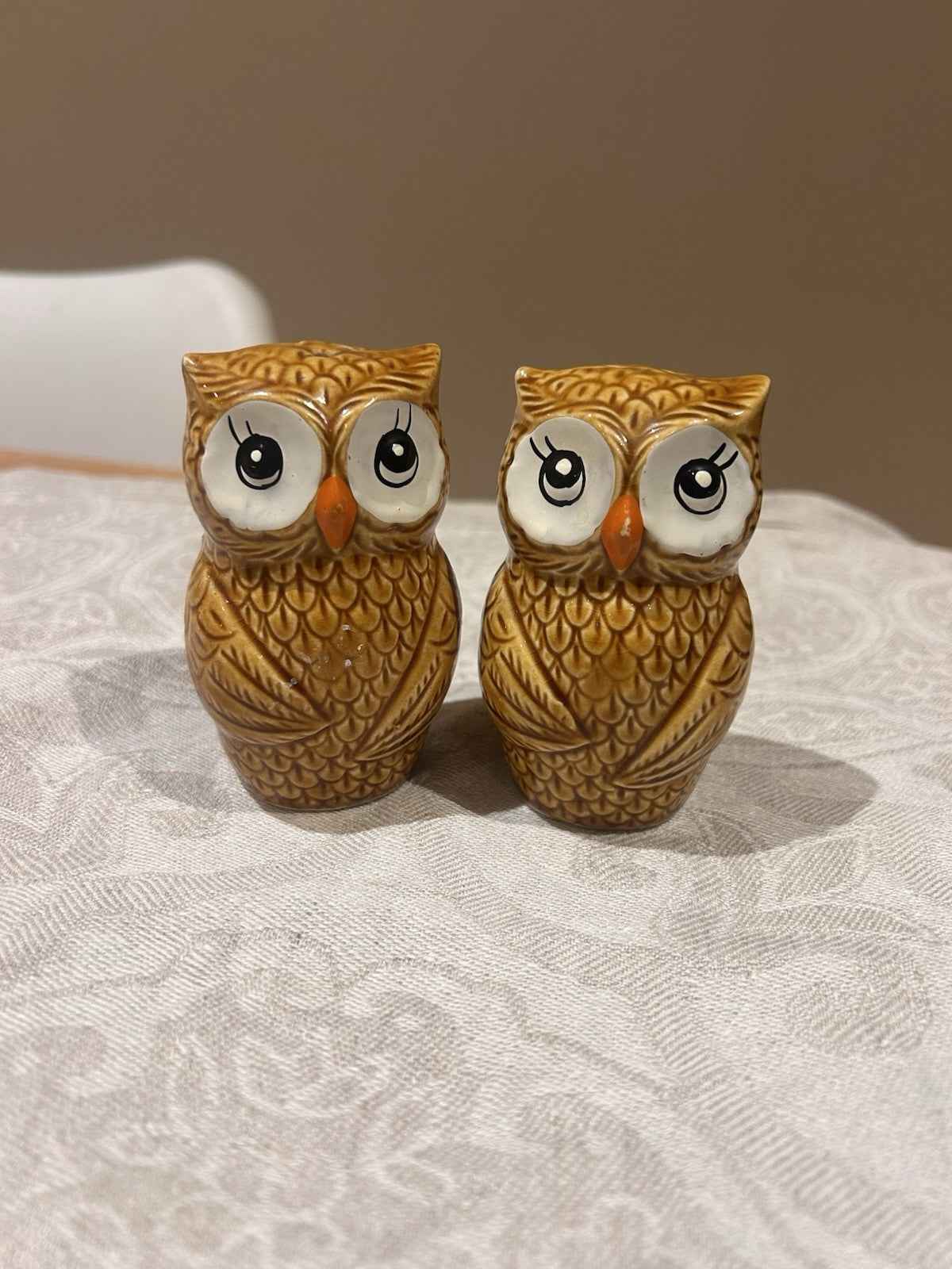 Vintage Ceramic Owl Salt & Pepper Shakers Mid Century Brown Glaze Pair