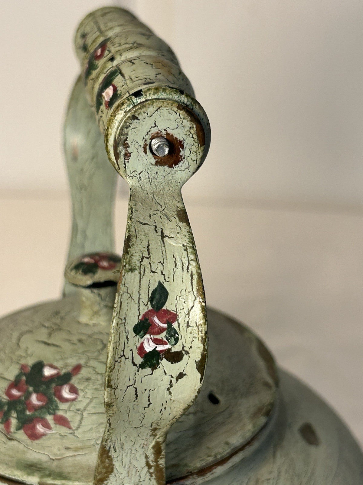 Vintage Hand-Painted Toleware Teapot & Coal Scuttle Set – Green Floral Metal