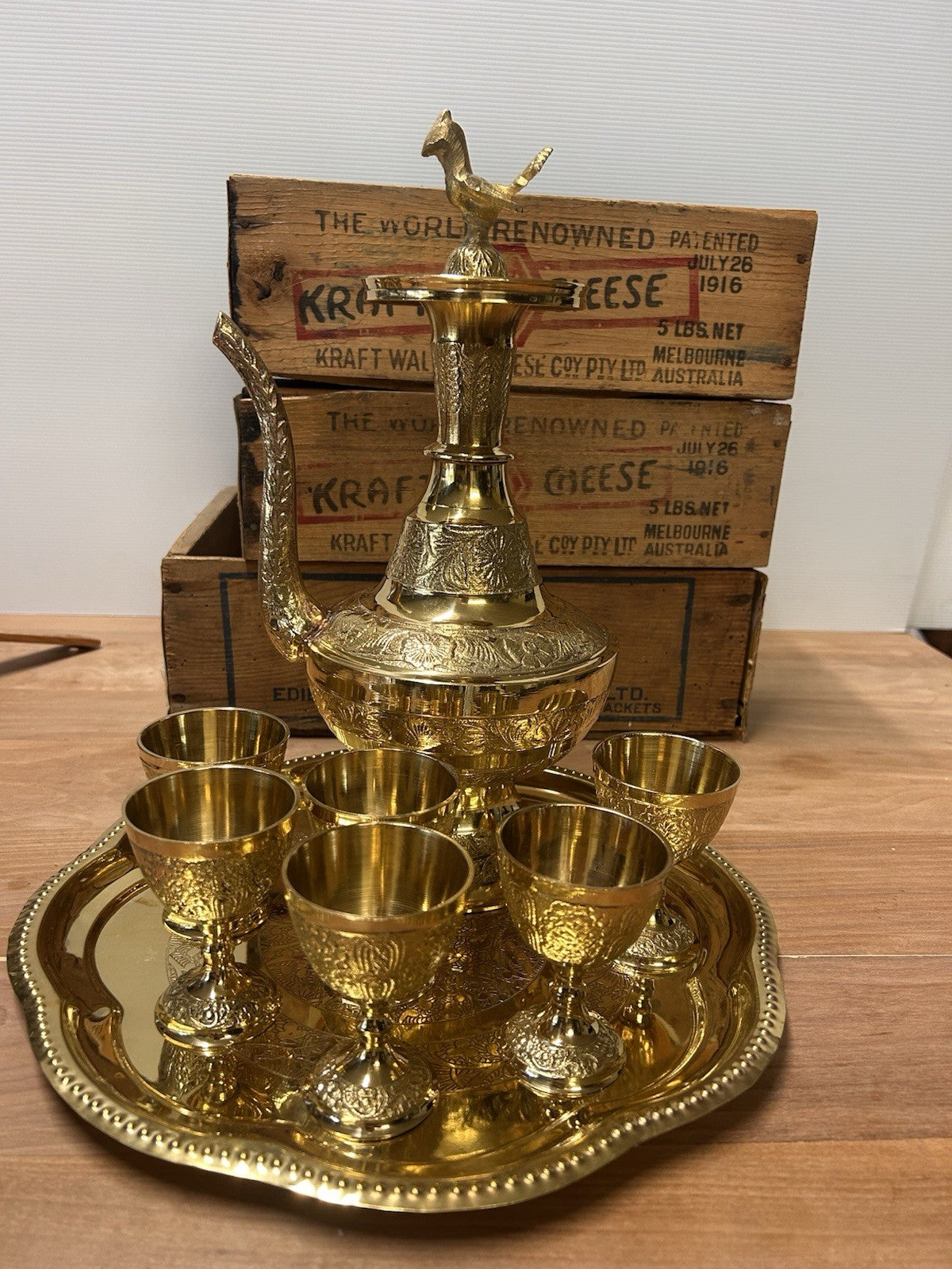 Vintage Indian Brass Coffee Set Arabian Dallah Style 36cm with 6 Cups & Tray