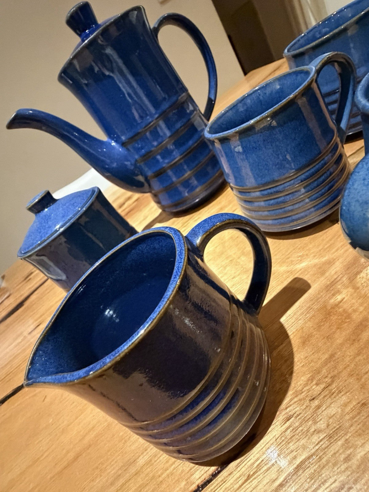 Mid Century Japanese Blue Pottery Coffee Set Teapot Mugs Creamer 1960s 7pc