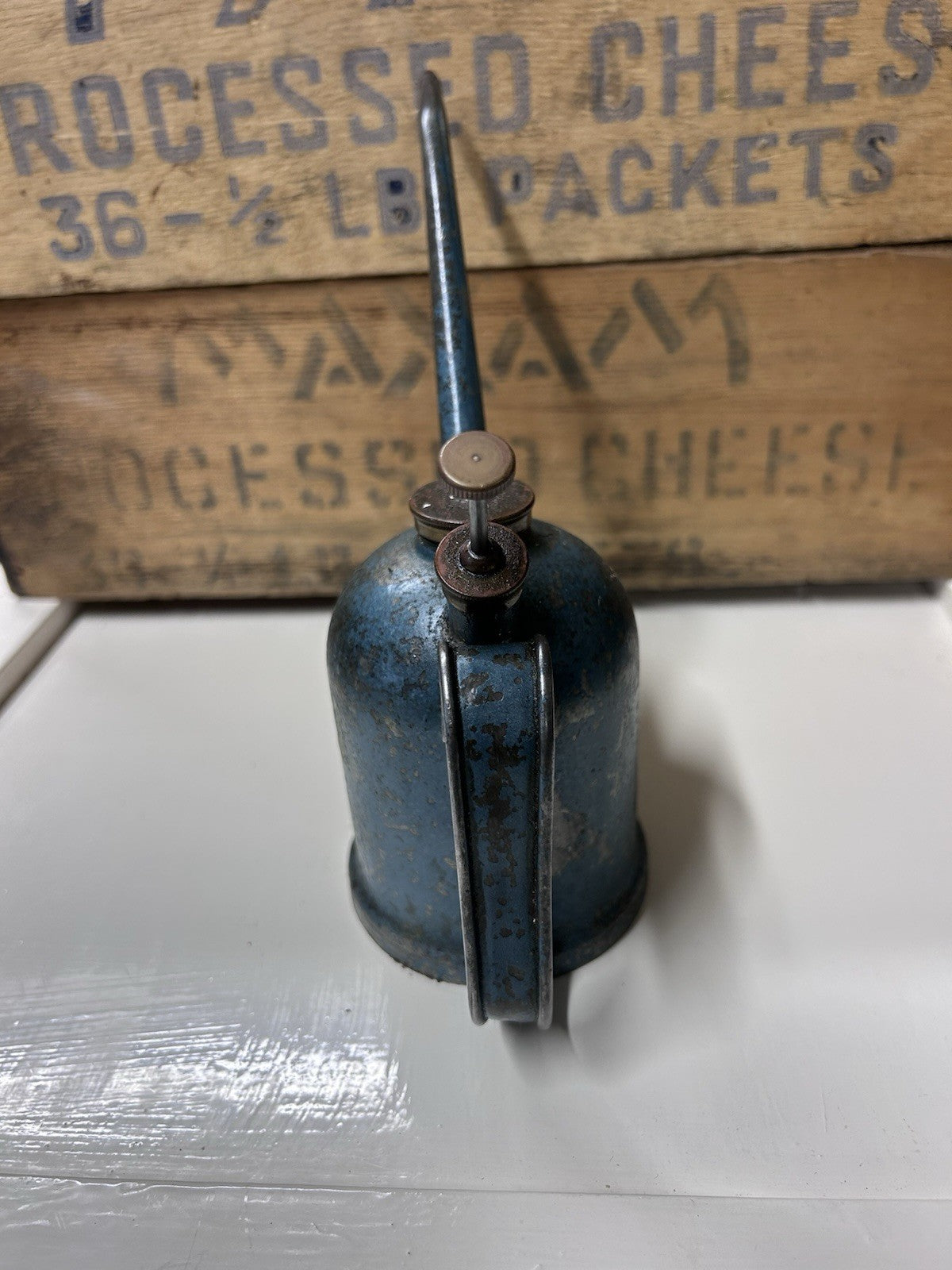 Vintage Rega Blue Oil Can Oiler Tin Industrial Garage Tool – Made in Australia