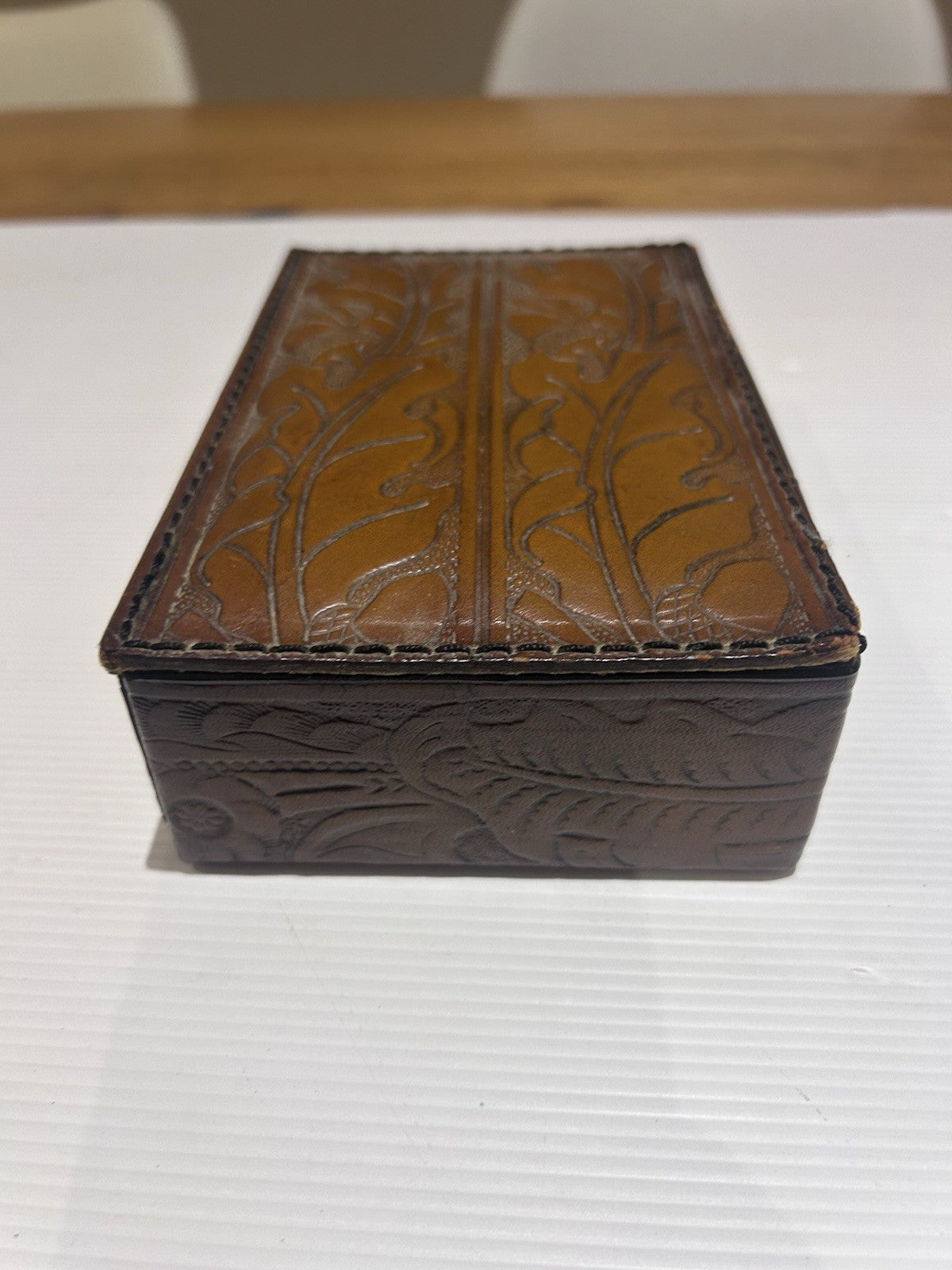 Vintage Handcrafted Leather Box by Konev NZ – Tooled Design, Lined Interior