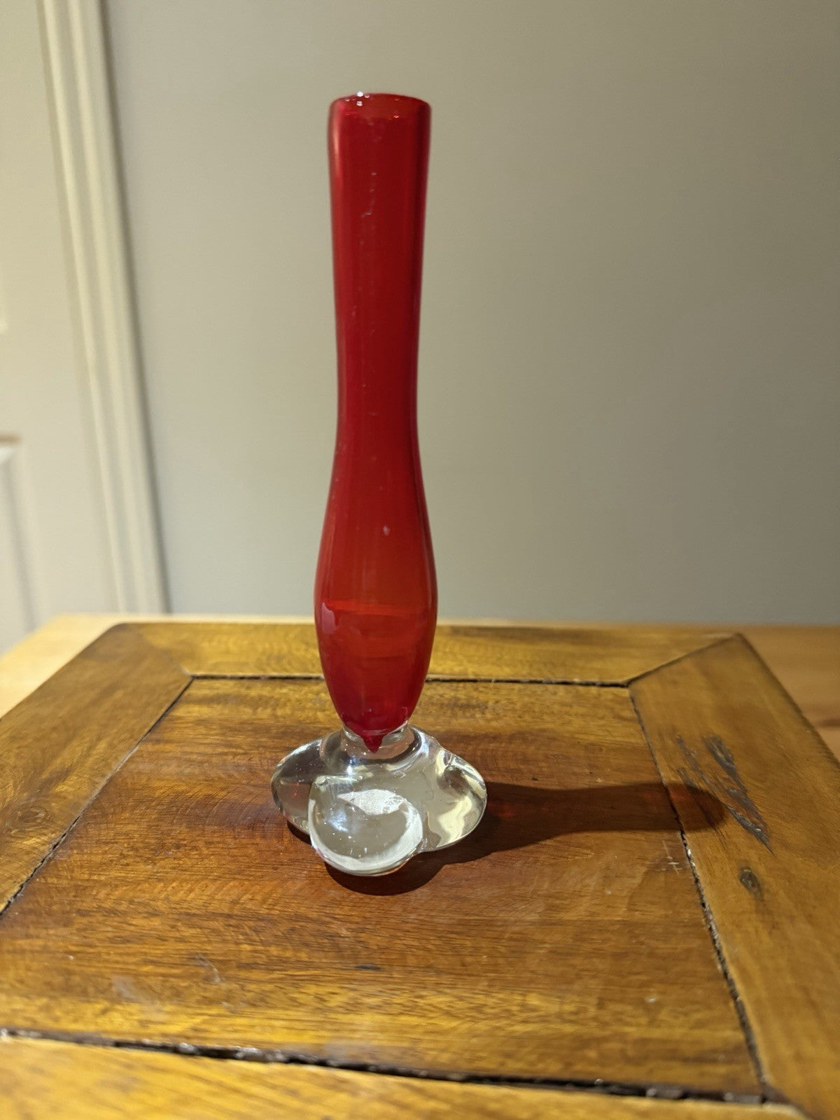Vintage Red Art Glass Bud Vase Clear Sculptured Base 17cm Scandinavian Style