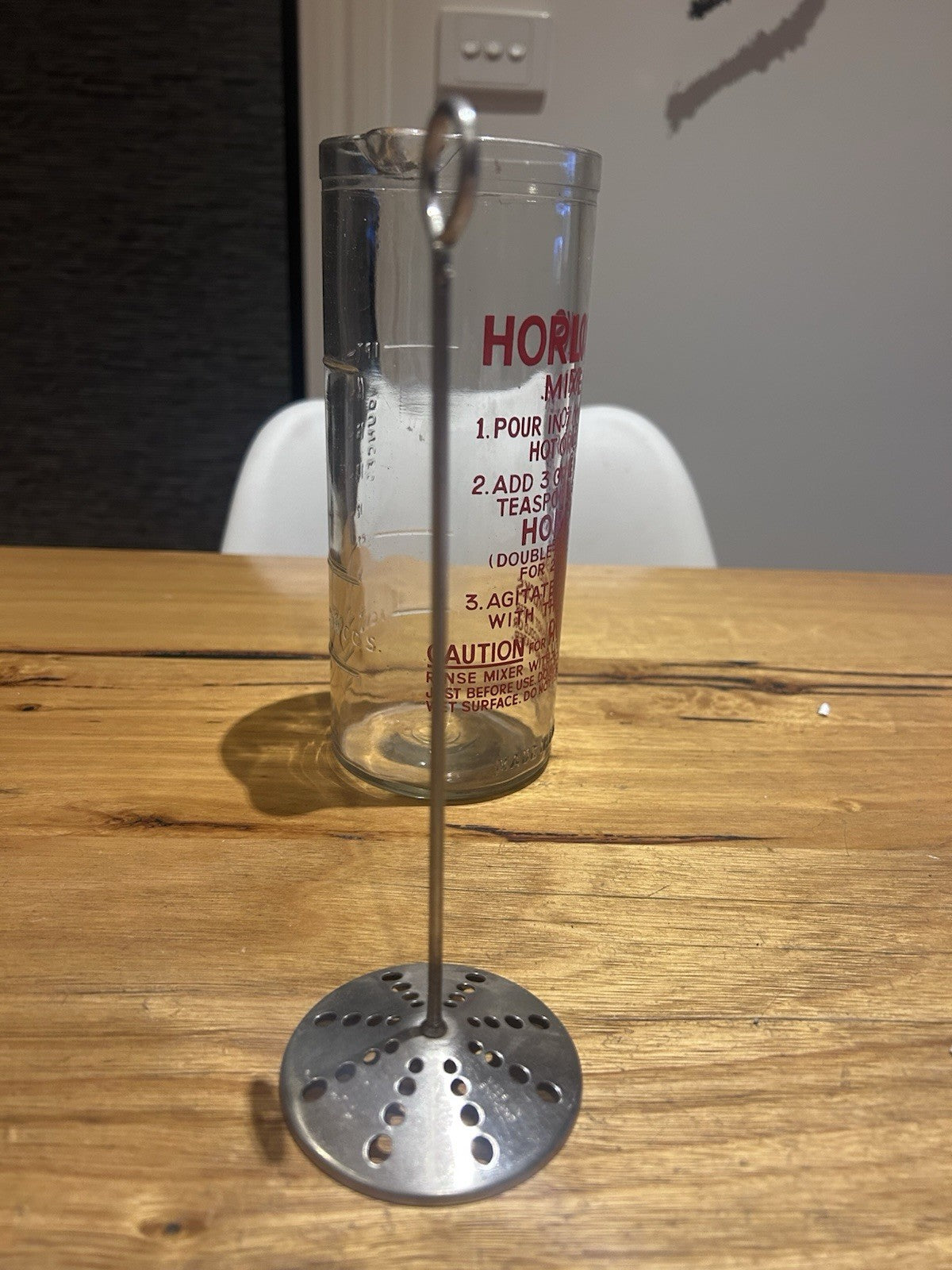 Rare Horlicks Mixer Glass w/ Full Text & Plunger 8oz Made in England c1950s