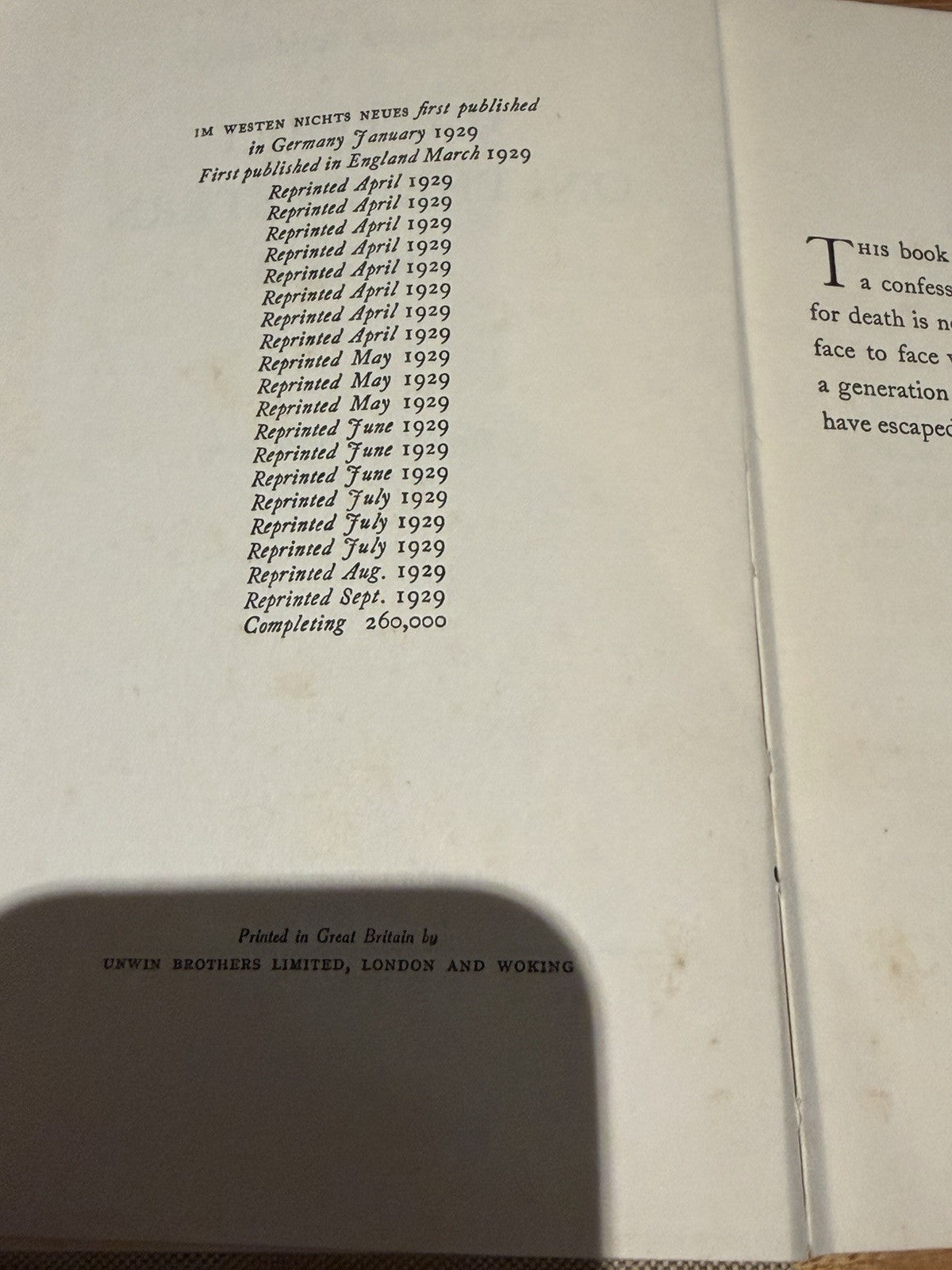 All Quiet on the Western Front Erich Maria Remarque 1929 Putnam Early UK Edition