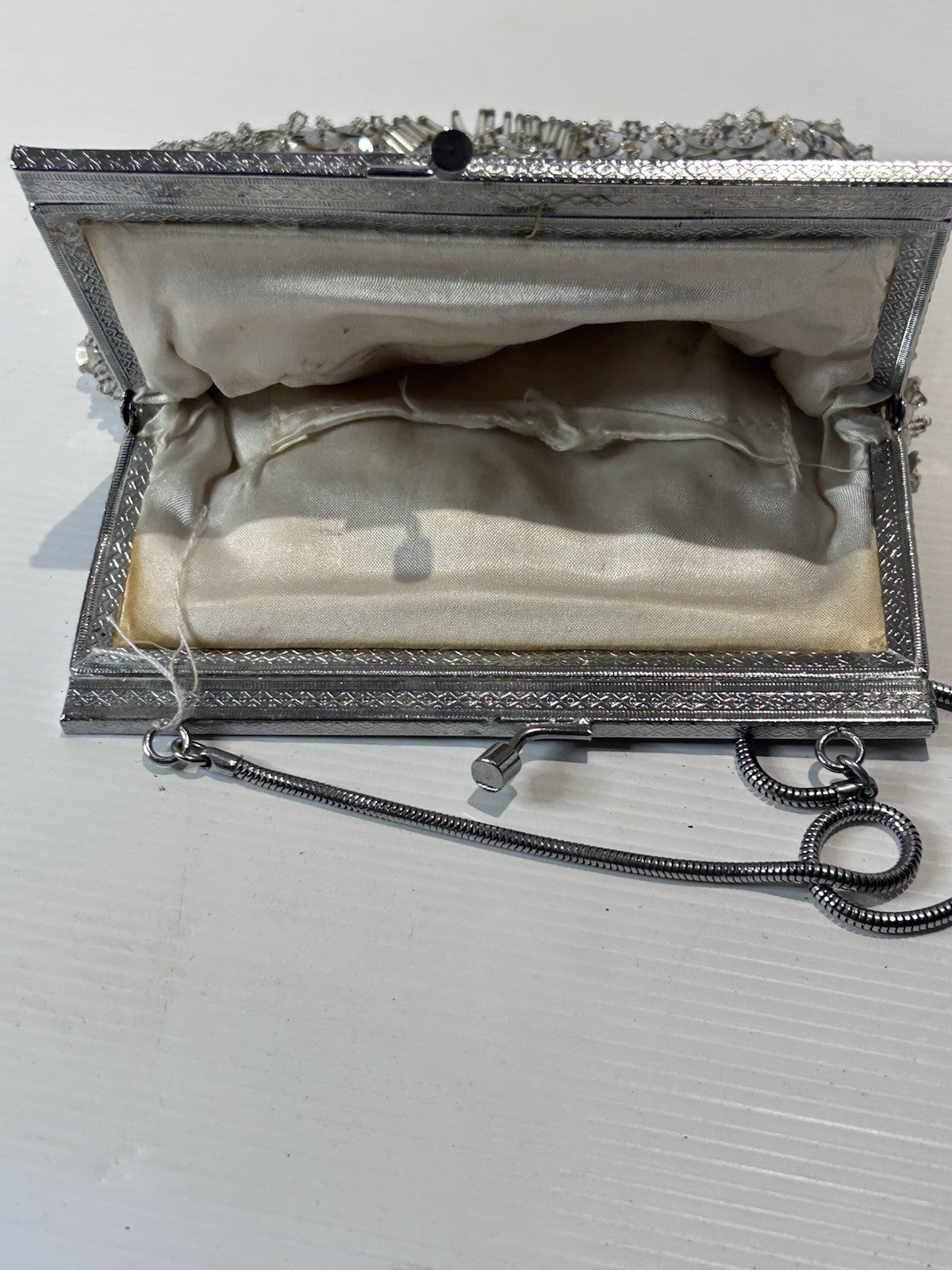 Vintage Beaded Evening Bag Handmade in Hong Kong Silver Sequins Purse