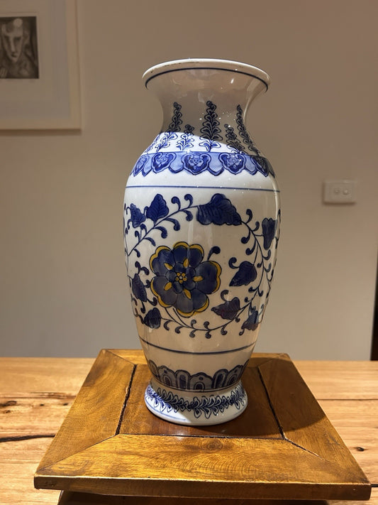 Large Blue White Chinoiserie Vase Delft Style Floral Ceramic 30cm