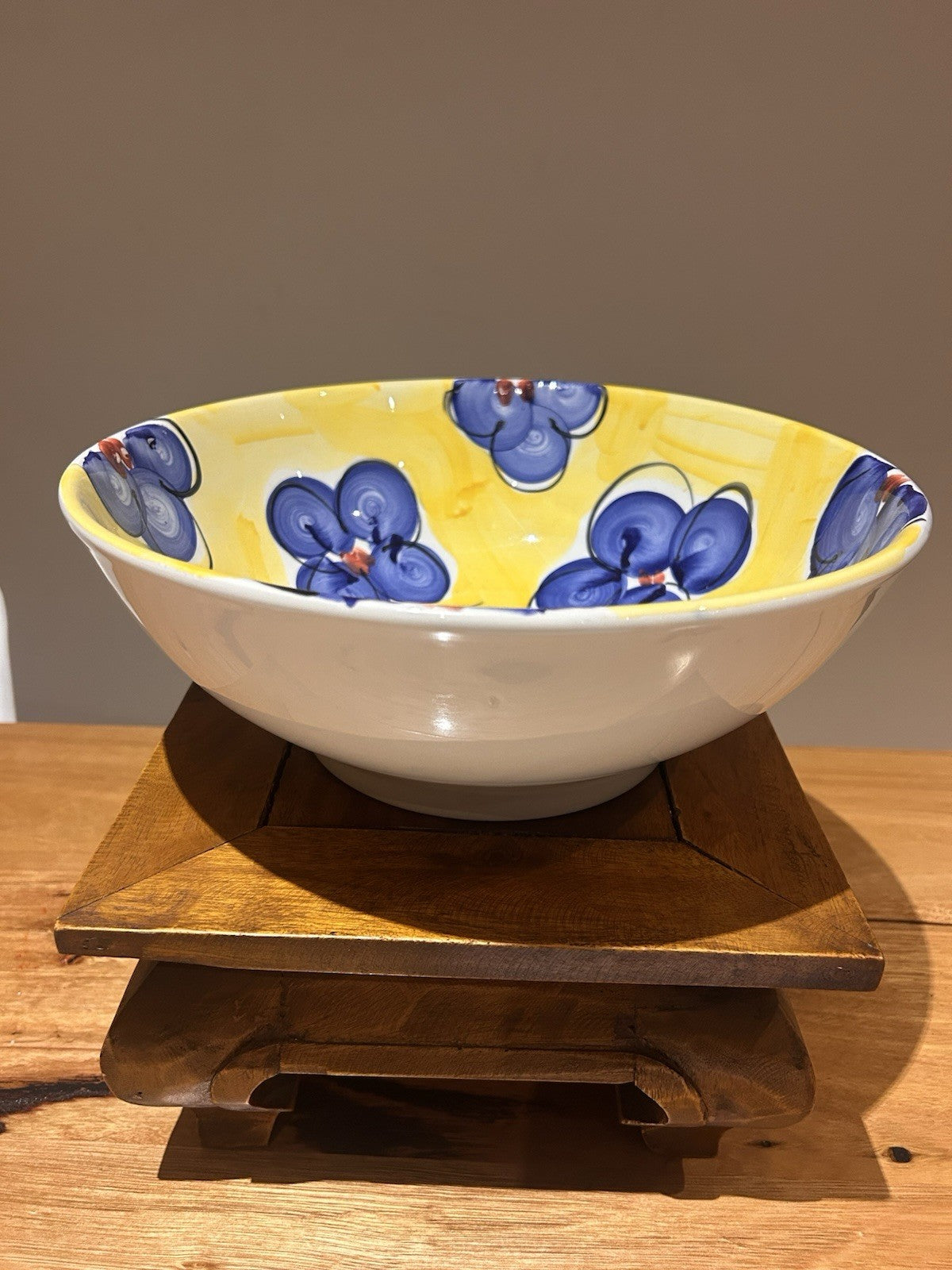 Italian Hand Painted Ceramic Bowl 29cm Deruta Style Yellow Blue Vintage