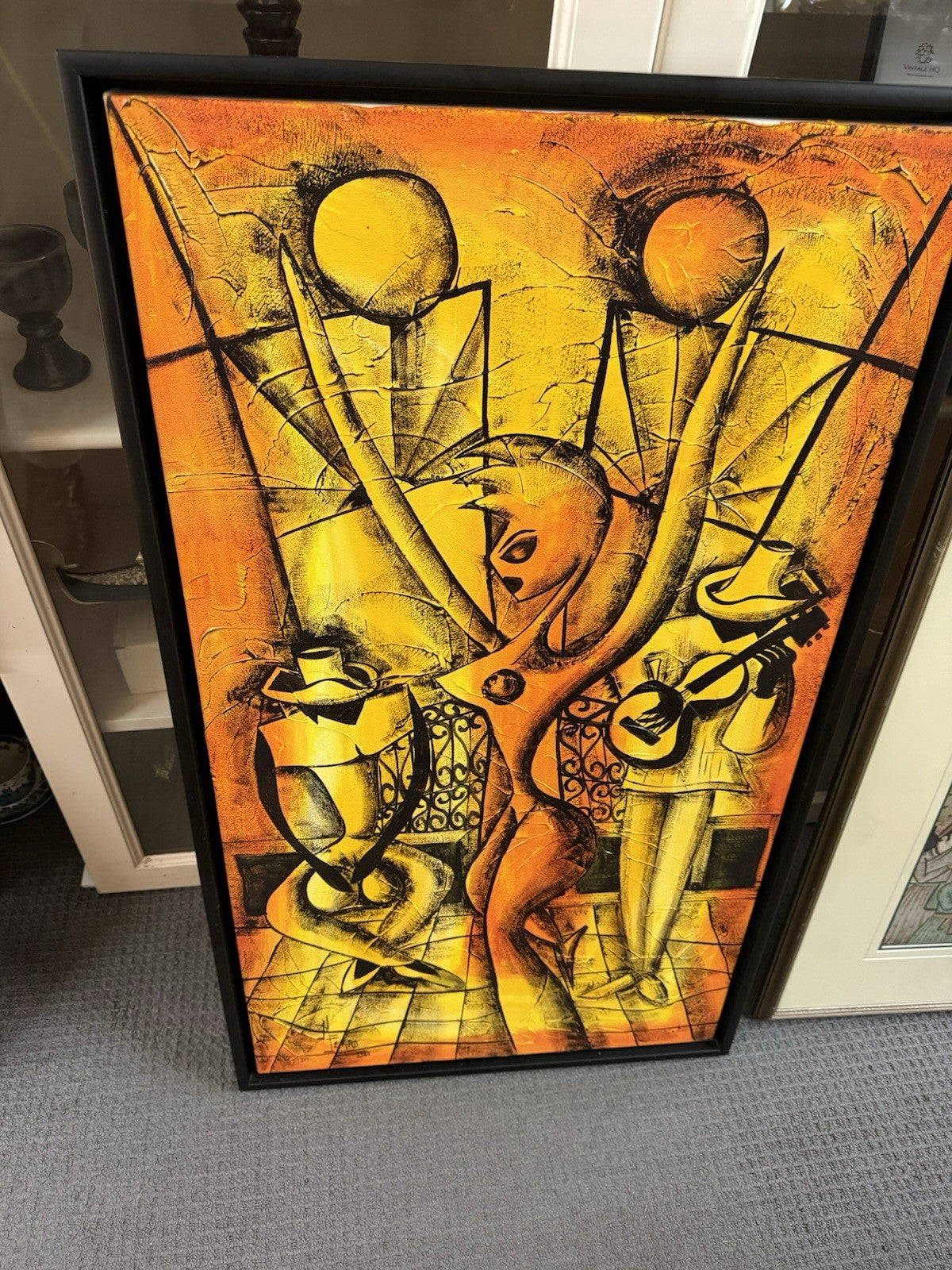Original Signed Abstract Cubist Musicians Painting 1995 Framed Canvas 94x54cm