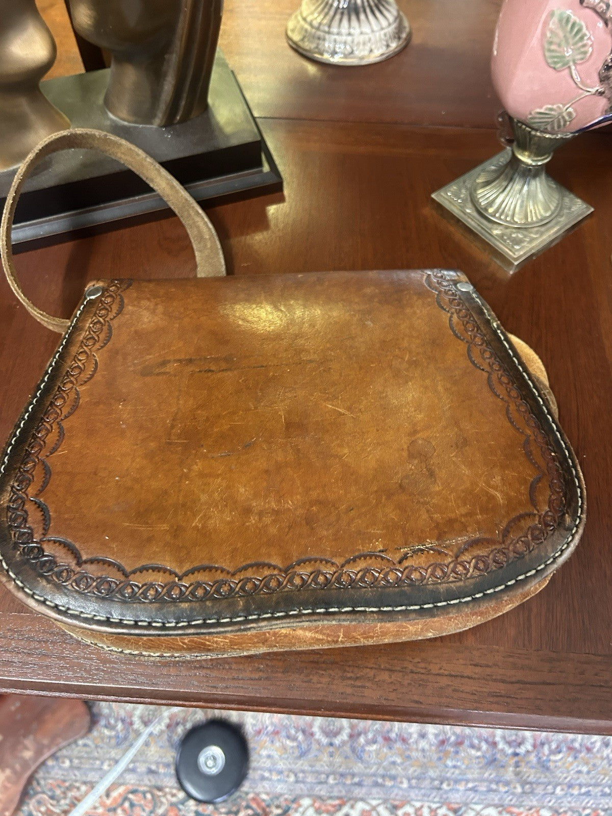 Vintage Tooled Leather Saddle Bag Crossbody Satchel Boho Western Brown