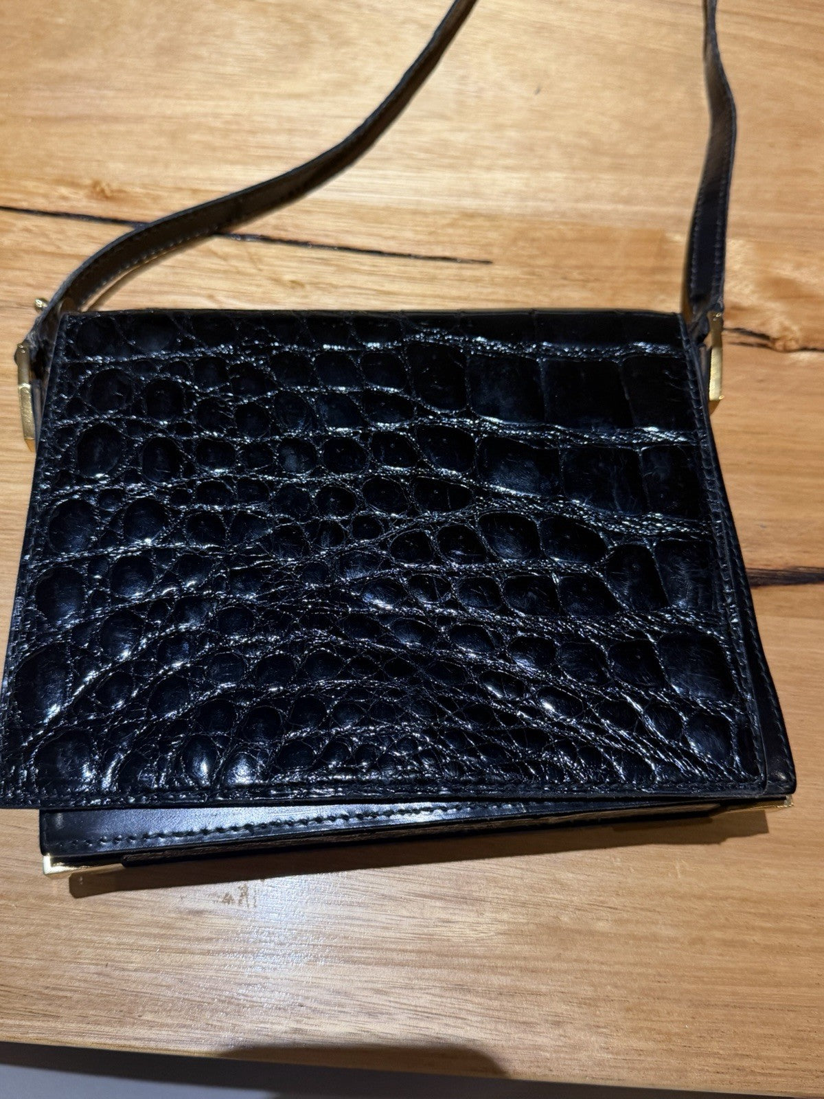 Vintage Lancel Black Leather Crocodile Effect Shoulder Bag Gold Hardware