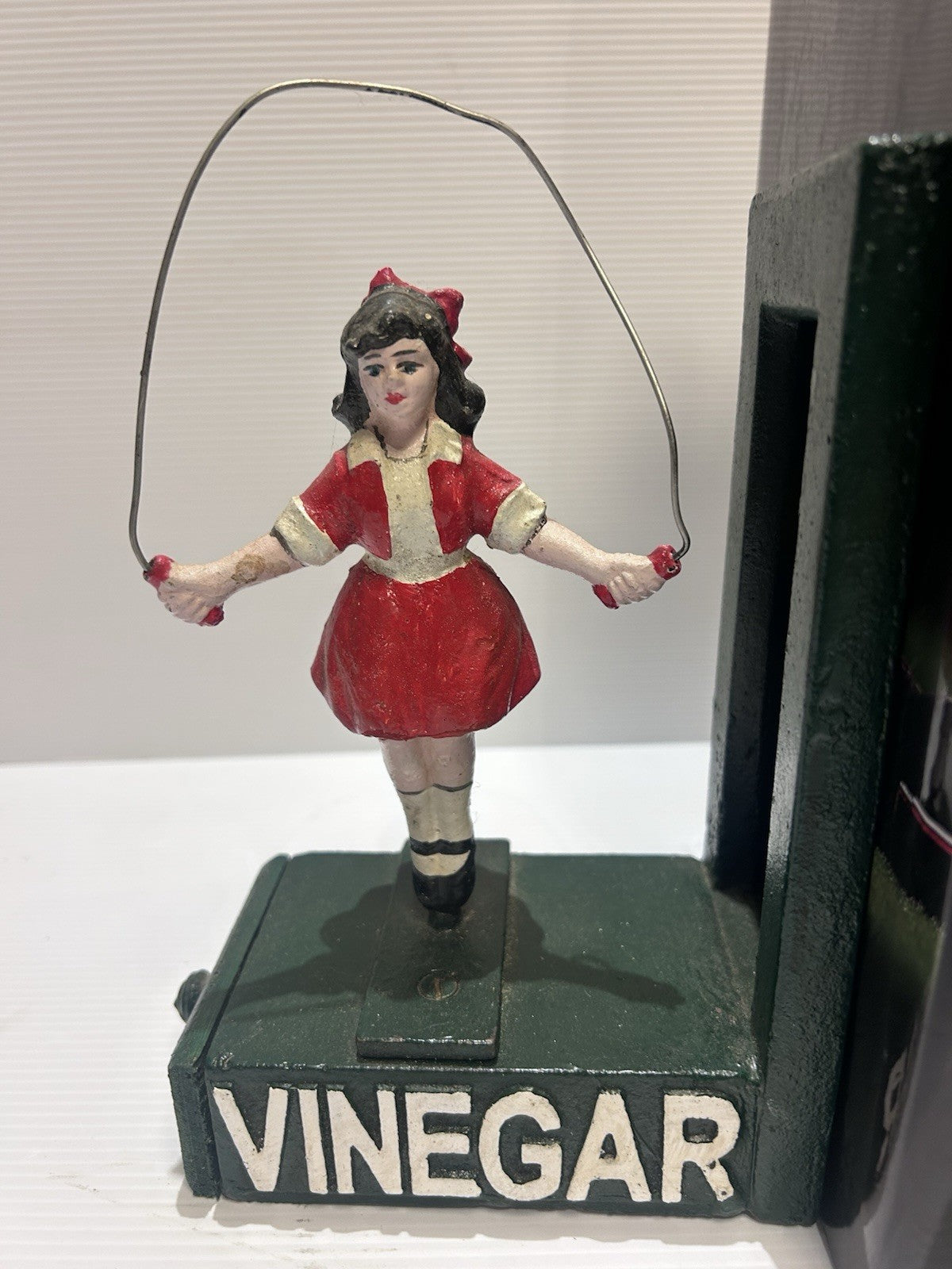 Vintage Styled Cast Iron Vinegar Skipping Girl Bookends with Wooden draws
