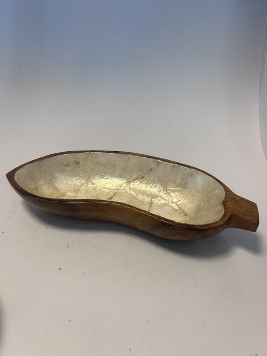 Vintage Wooden & Mother of Pearl Decorative Dish – Hand-Carved Canoe Shape