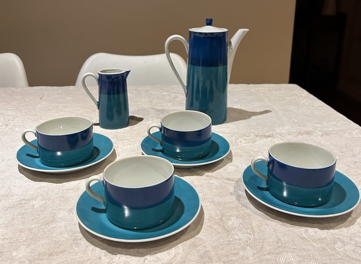 Mid-Century Japanese Coffee Set – Nagoya China – Blue Ombre – 1950s–60s