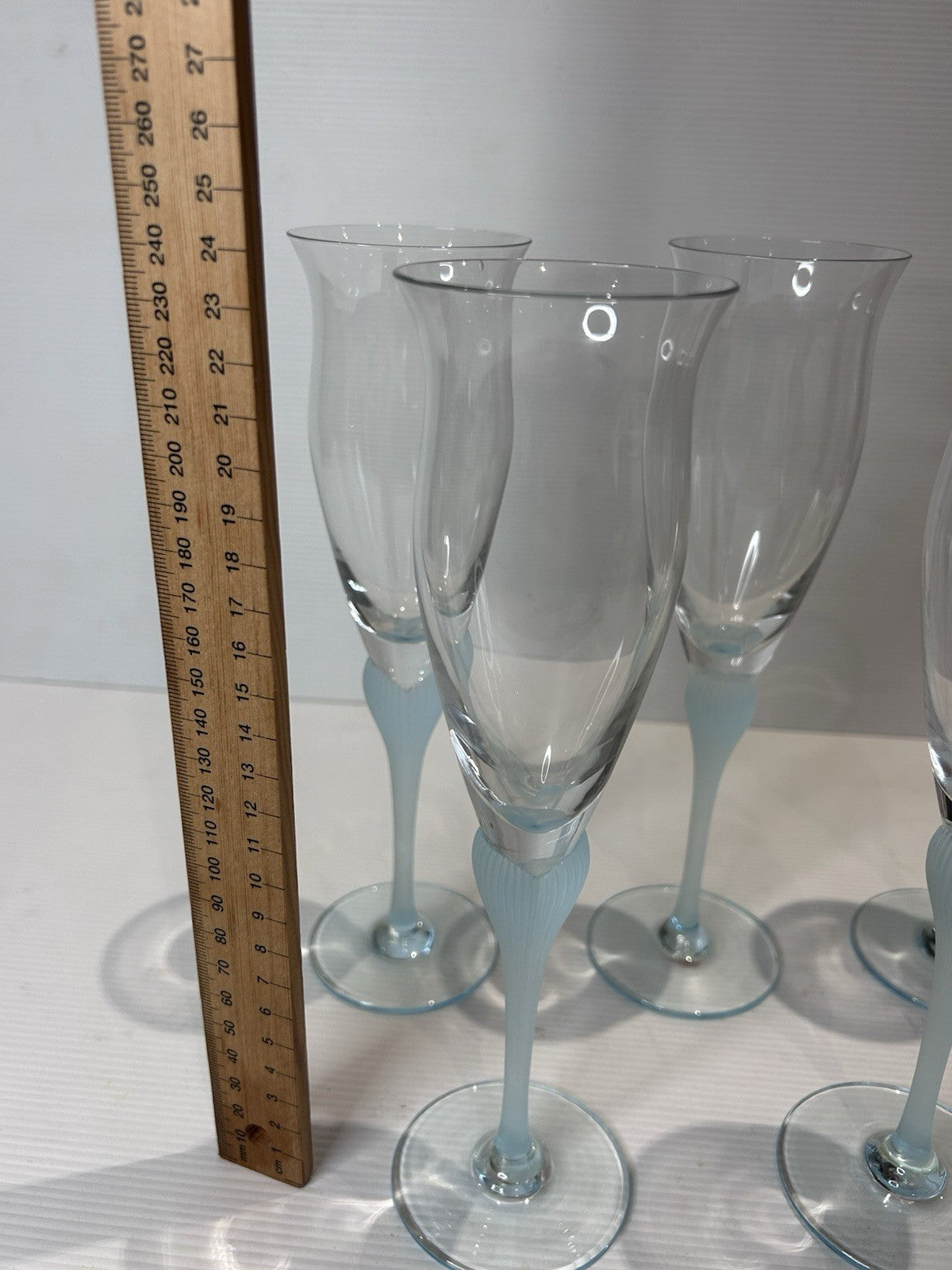 Vintage West German Champagne Glasses x5 – Frosted Blue Stem – 23cm – 1 Chip