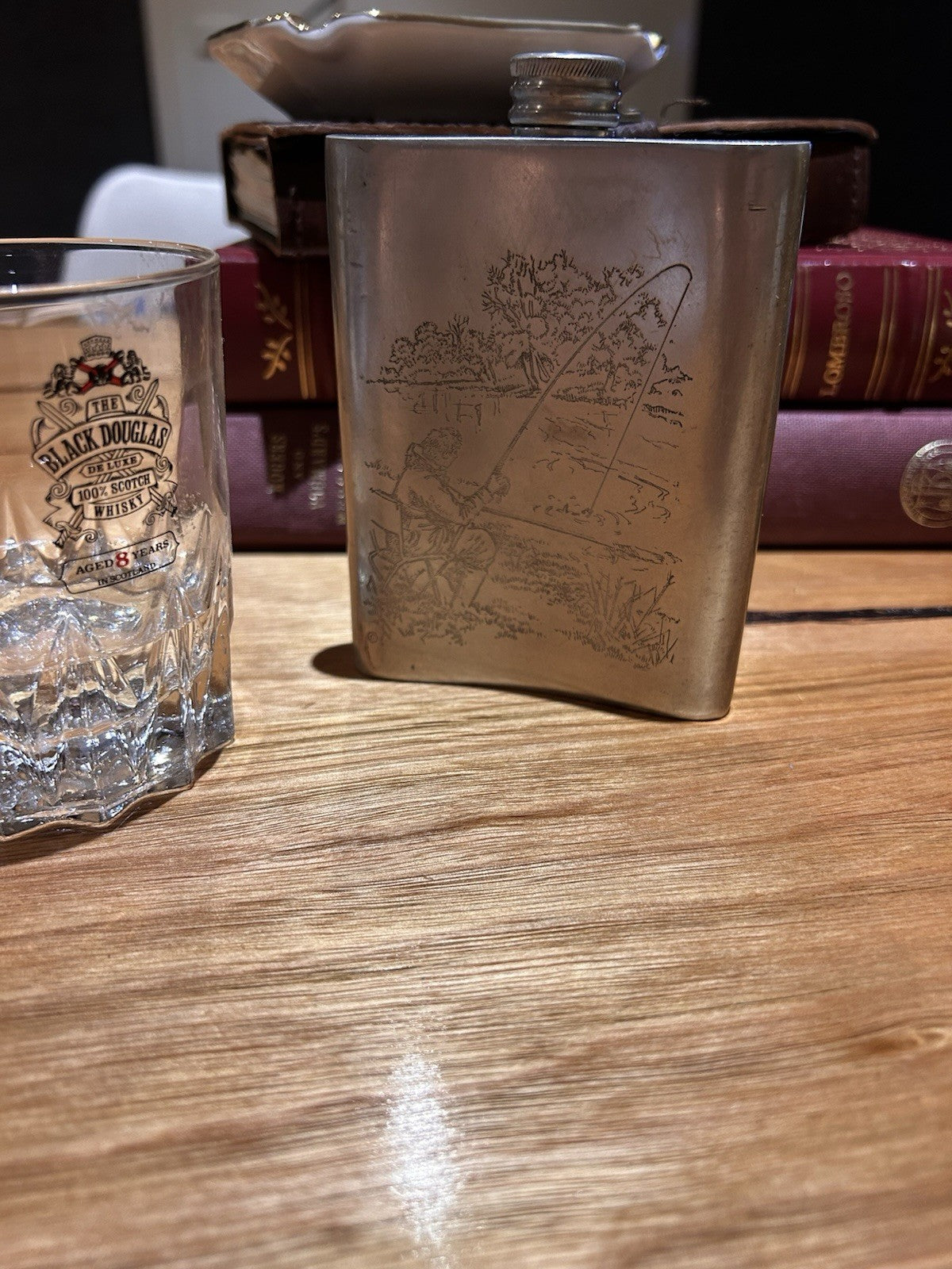  Comoy’s English Pewter 6oz Hip Flask Fishing Scene Sheffield England