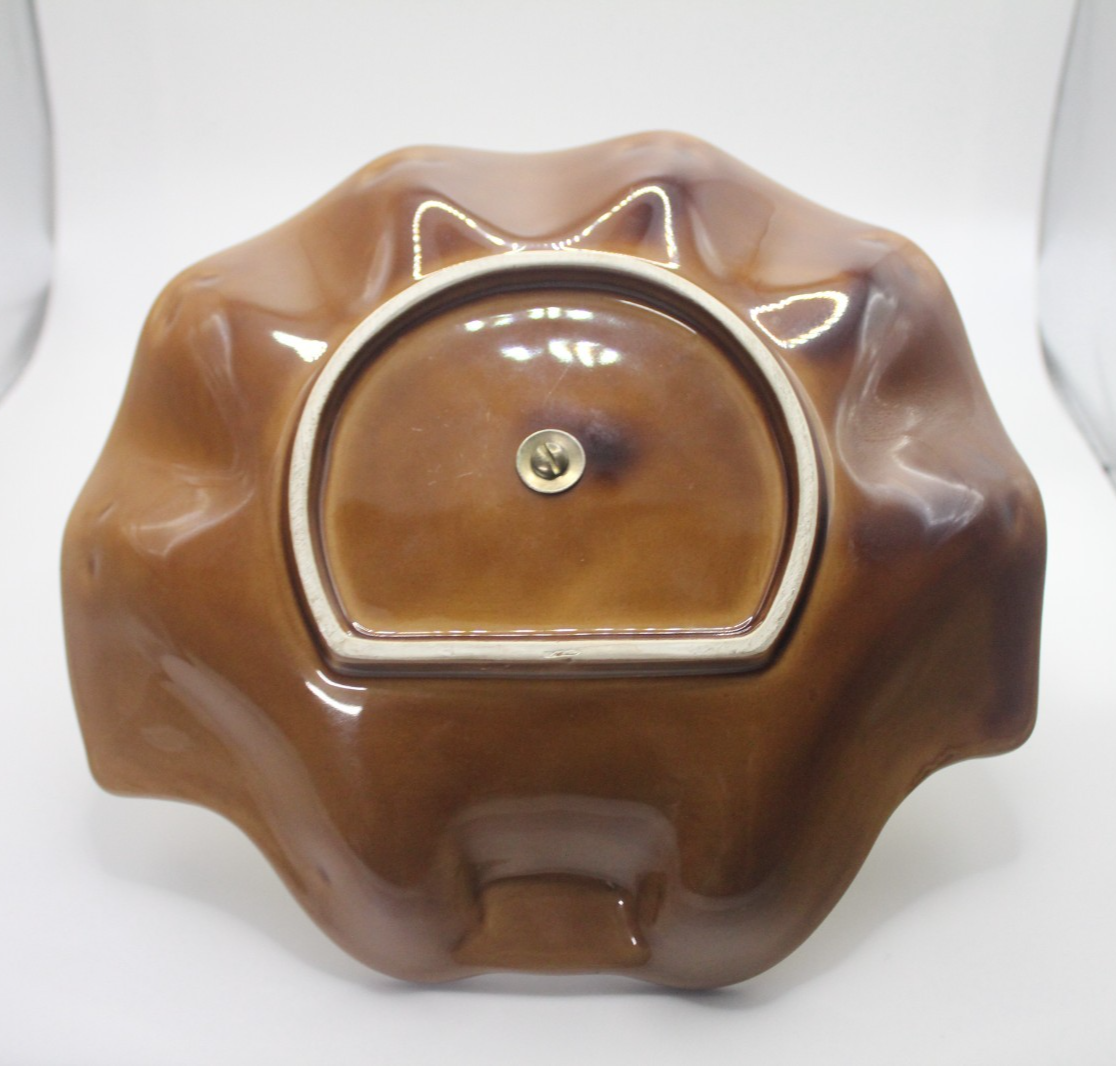 Vintage Mid Century Drip Glaze Bonbon Dish w Metal Handle Brown Yellow MCM