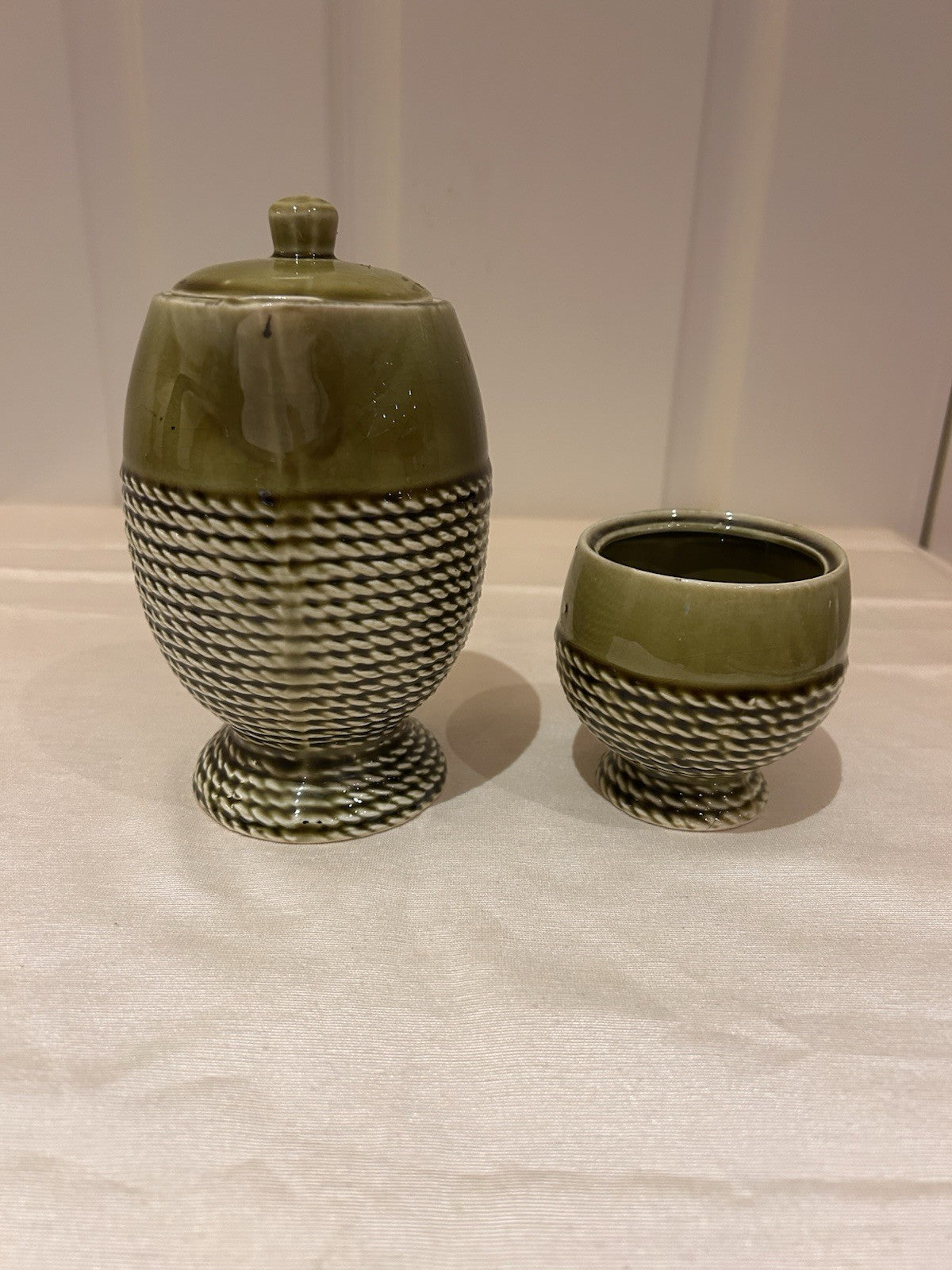Vintage Japan Olive Green Rope Pattern Teapot & Sugar Bowl Pottery Set