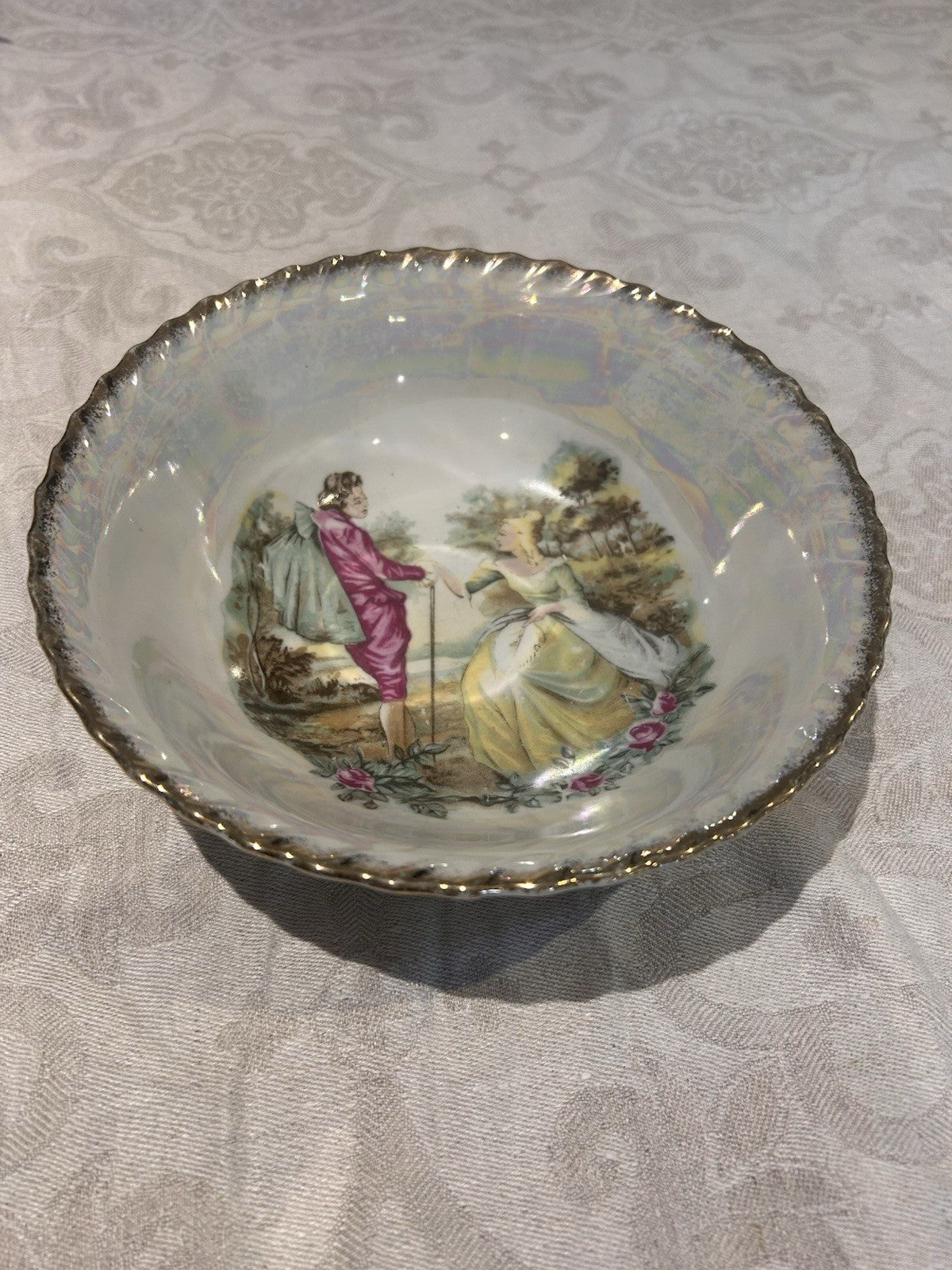 Vintage German Lustreware Bowl B.S.A. Bavaria Romantic Scene Gilt Rim 20cm