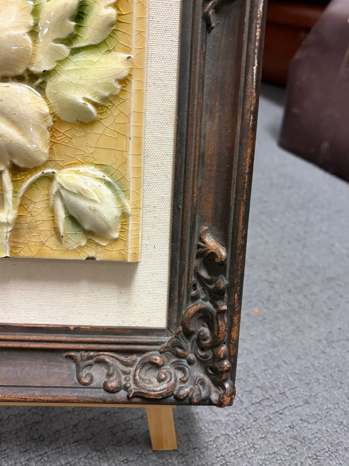 Vintage Art Nouveau Floral Majolica Relief Tile Framed Wall Art No Gold 31cm