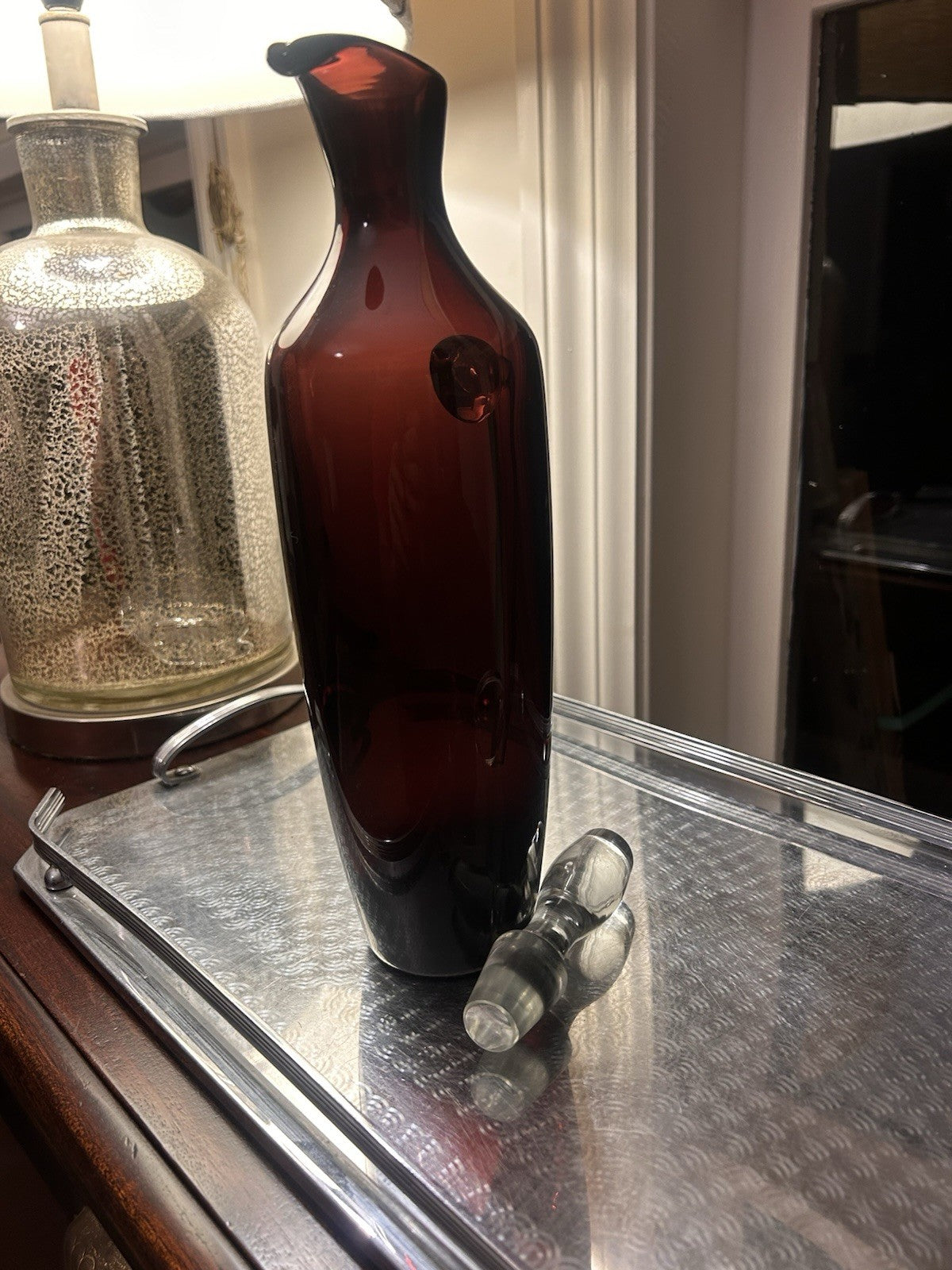 Vintage Ruby Red Art Glass Decanter Bottle w Stopper & Handle Murano Style 36cm 