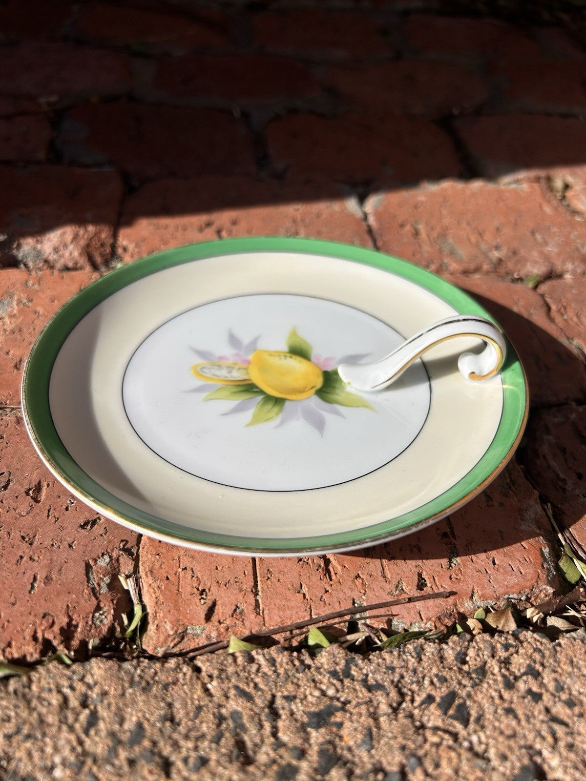 Vintage Noritake Japan Lemon Motif Handled Dish Green Trim Porcelain