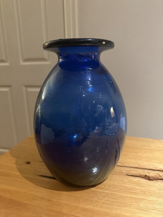 Vintage Cobalt Blue Hand Blown Art Glass Vase Heavy 2.54kg 25cm Rolled Rim