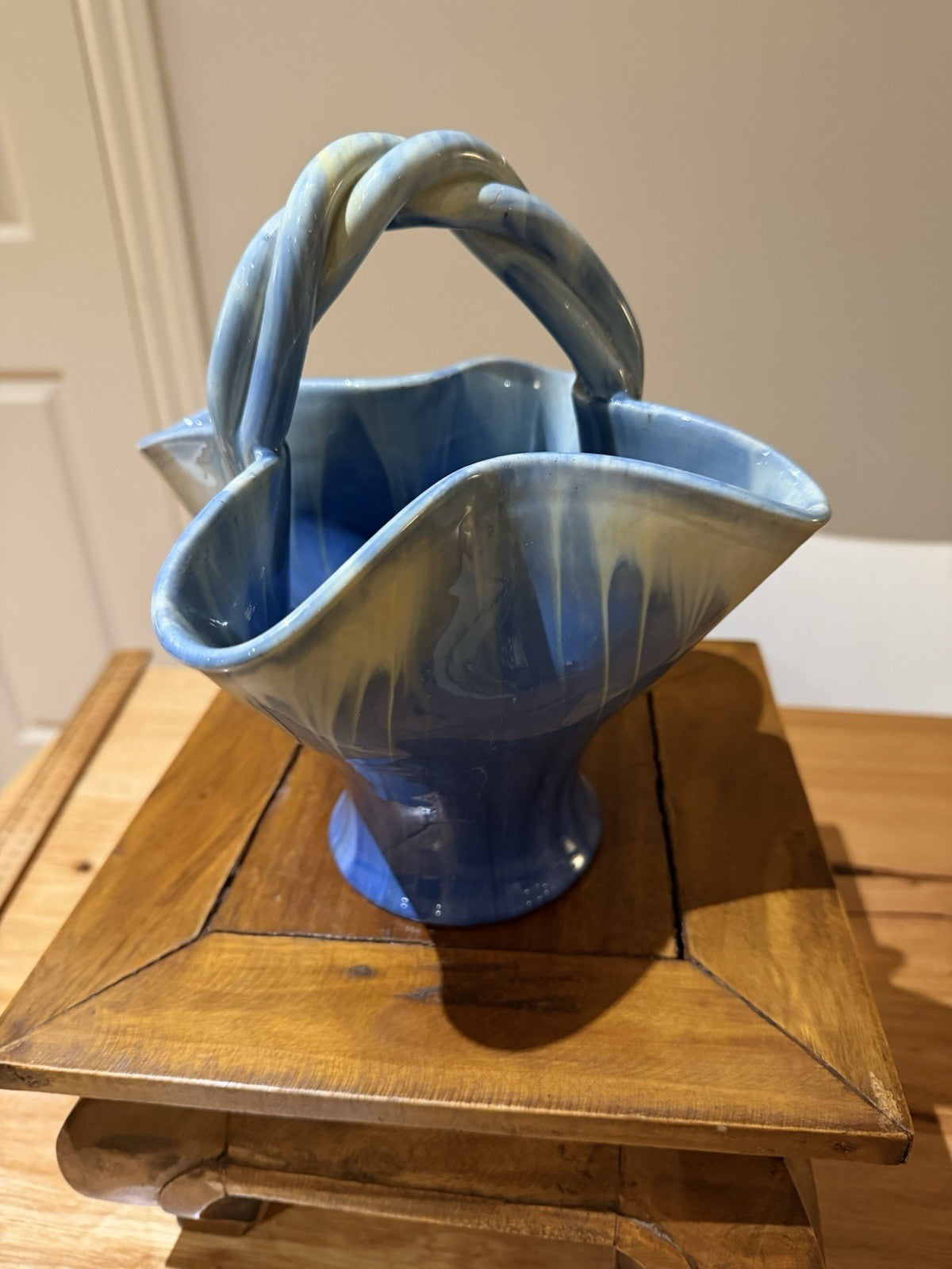 Vintage Remued Australian Pottery Basket Vase Blue Drip Glaze 184-10