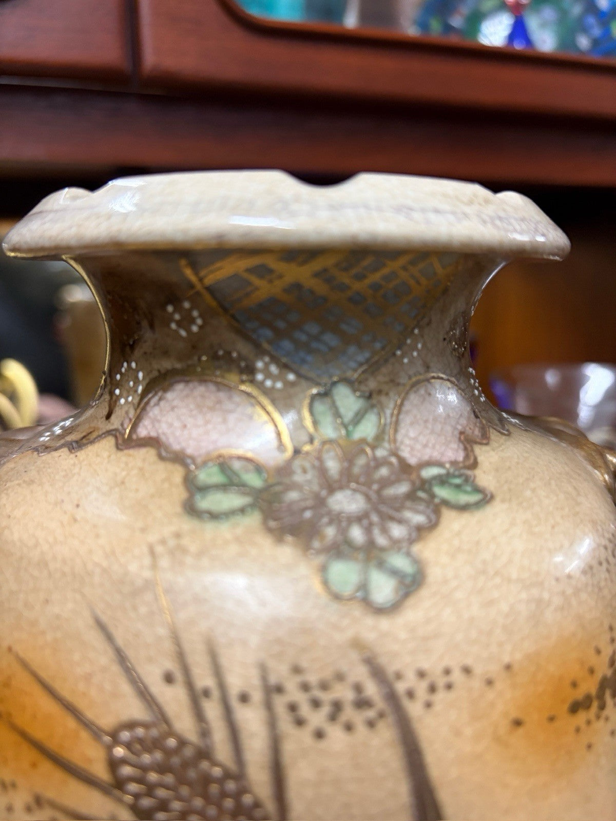 Antique Japanese Satsuma Style Vase 31cm Lion Mask Handles Meiji c1900-1920