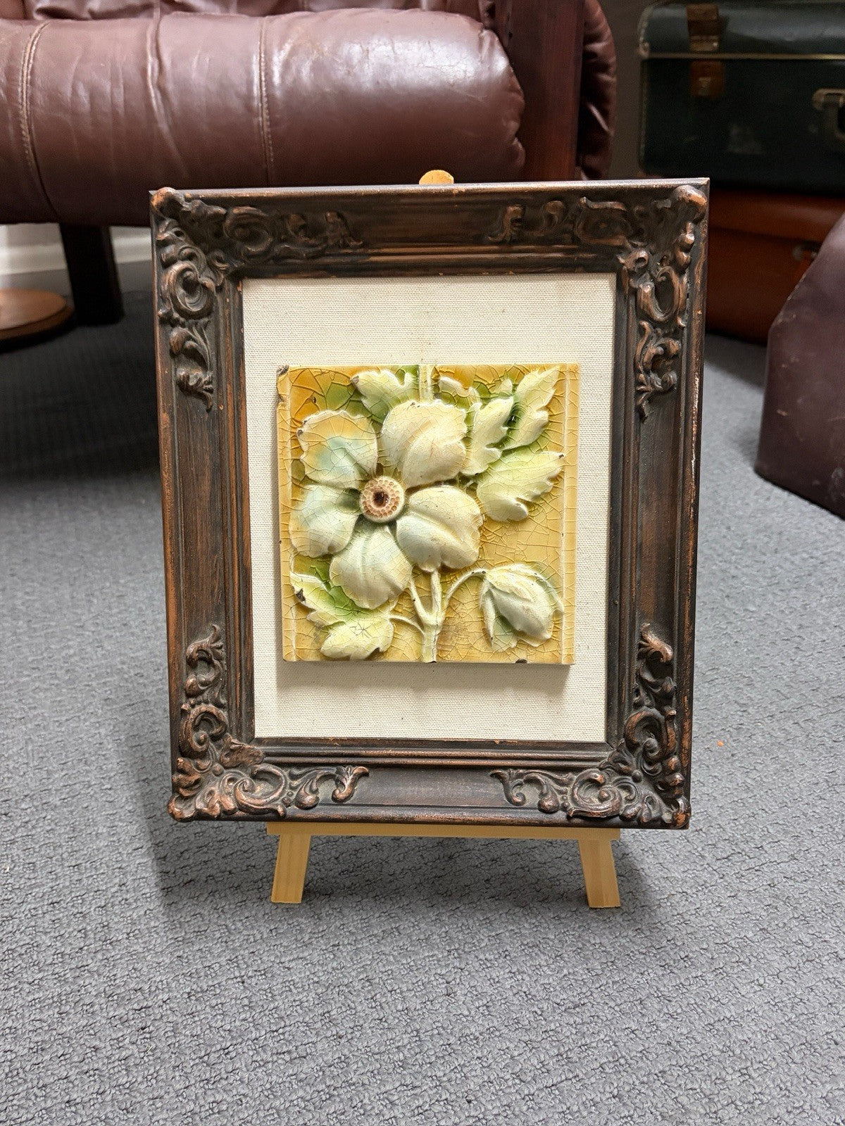 Vintage Art Nouveau Floral Majolica Relief Tile Framed Wall Art No Gold 31cm