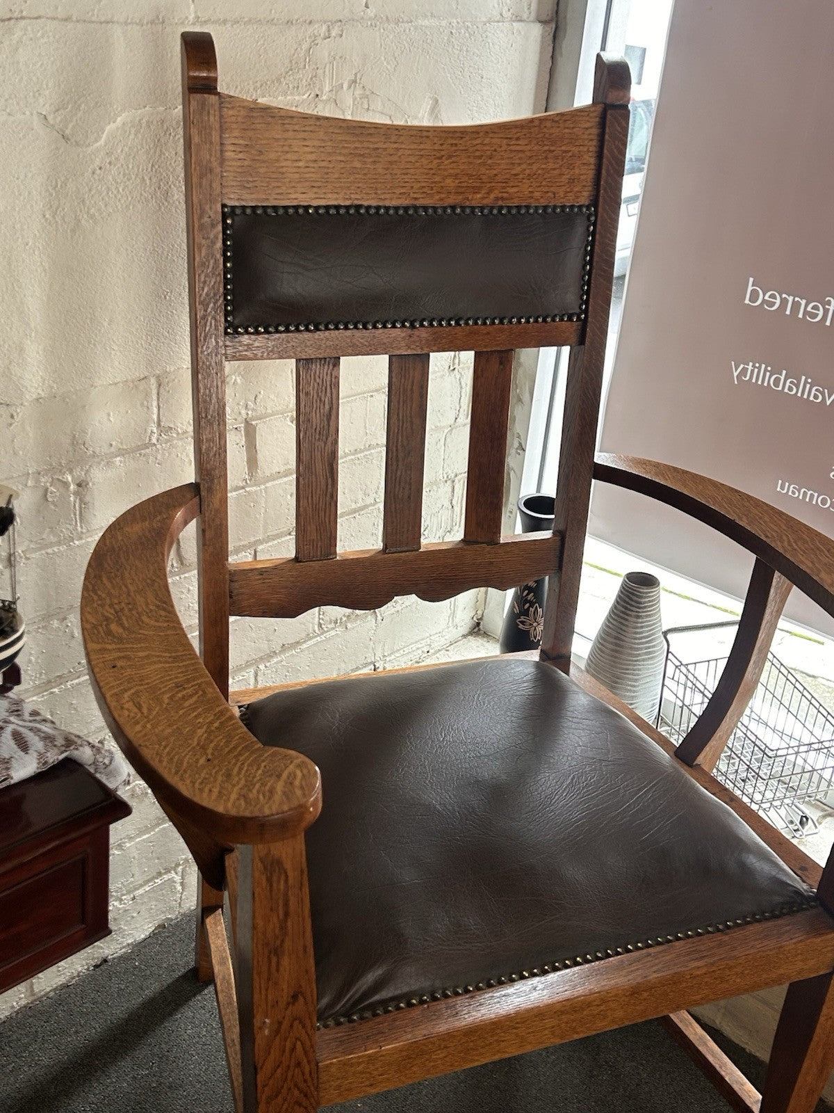 Antique Arts & Crafts Oak Carver Chair Leather Dining Chair c1905