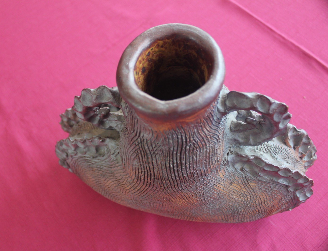 Vintage Brutalist Studio Pottery Sculptural Vase – Hand Incised Stoneware c1970s