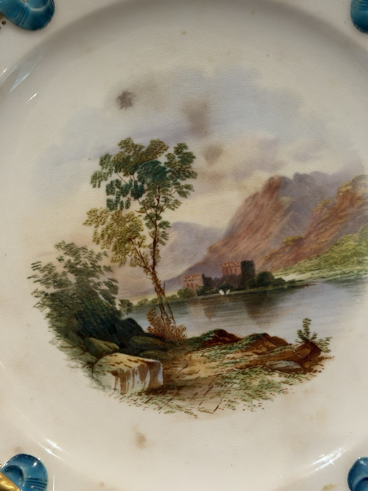Antique Minton Style Porcelain Tazza Turquoise Pierced Rim Landscape c.1860