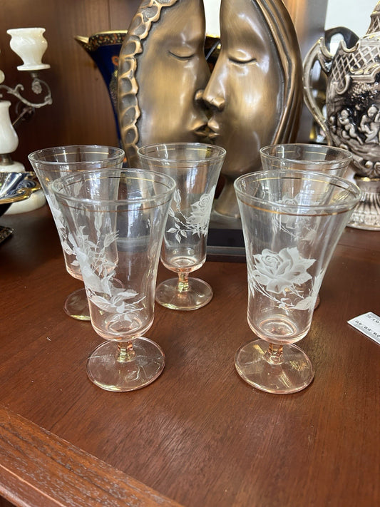 Vintage Etched Rose Glass Goblets Set of 5 Gold Rim Blush Pink Stemware 