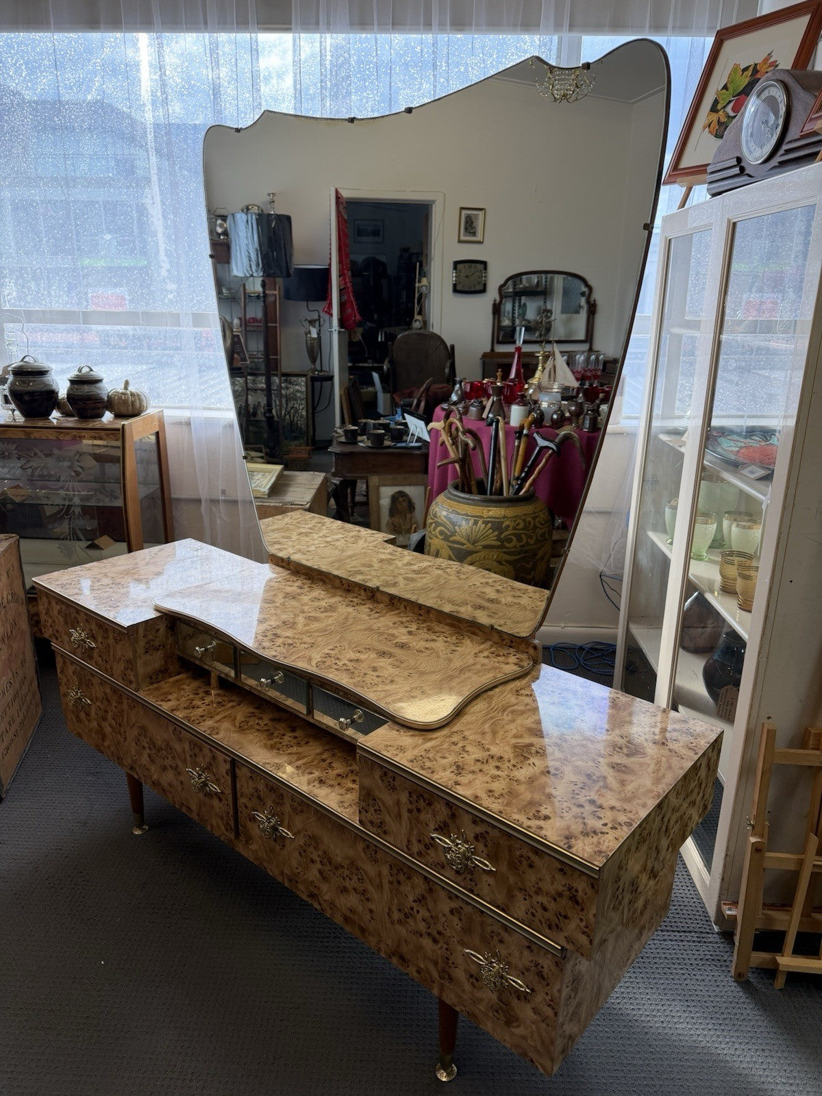 Vintage Burr Walnut Veneer Dressing Table Mirror Vanity Mid Century Australian