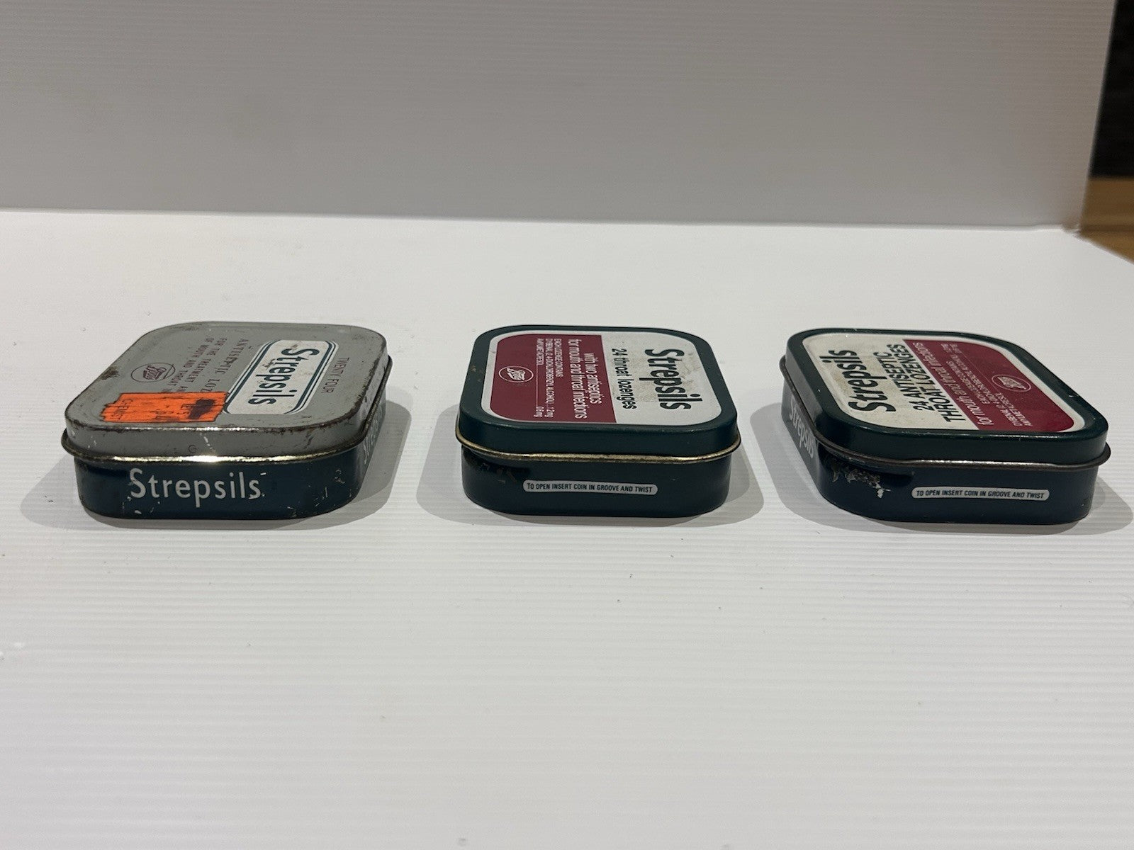 Vintage Strepsils Tin Trio – Boots Antiseptic Throat Lozenges Advertising Lot