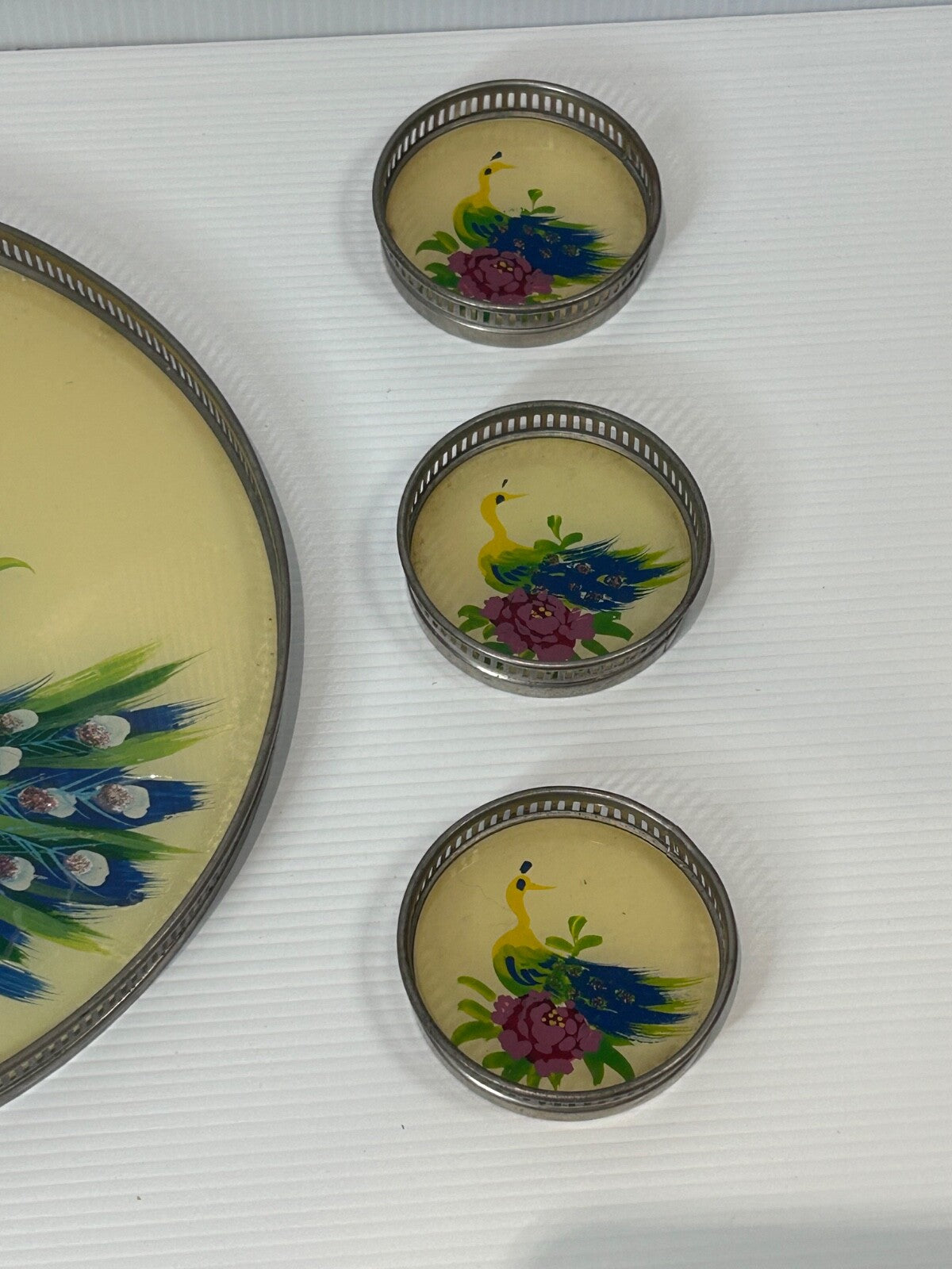 Vintage 1950s Hand-Painted Peacock Tray & 6 Coasters – Made in Japan