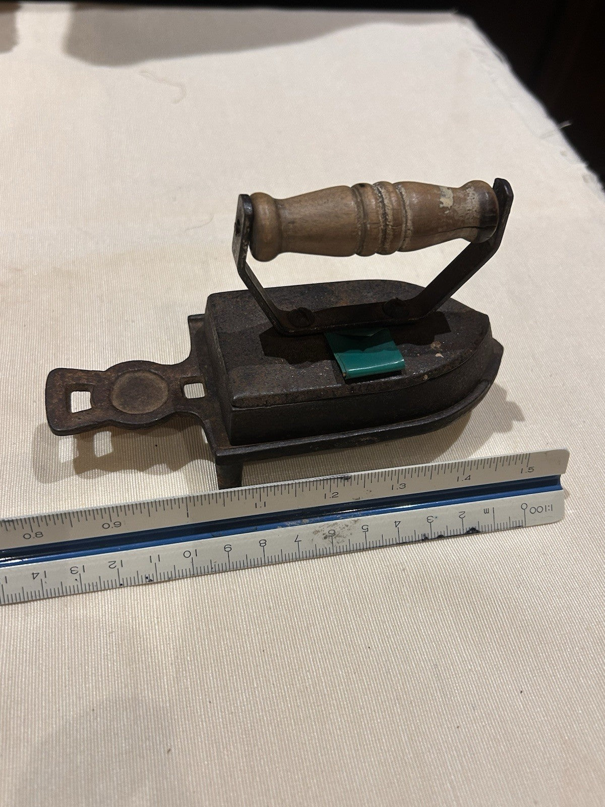 Antique Cast Iron Sad Iron w Stand MA Mark Wooden Handle Not a Toy c1900