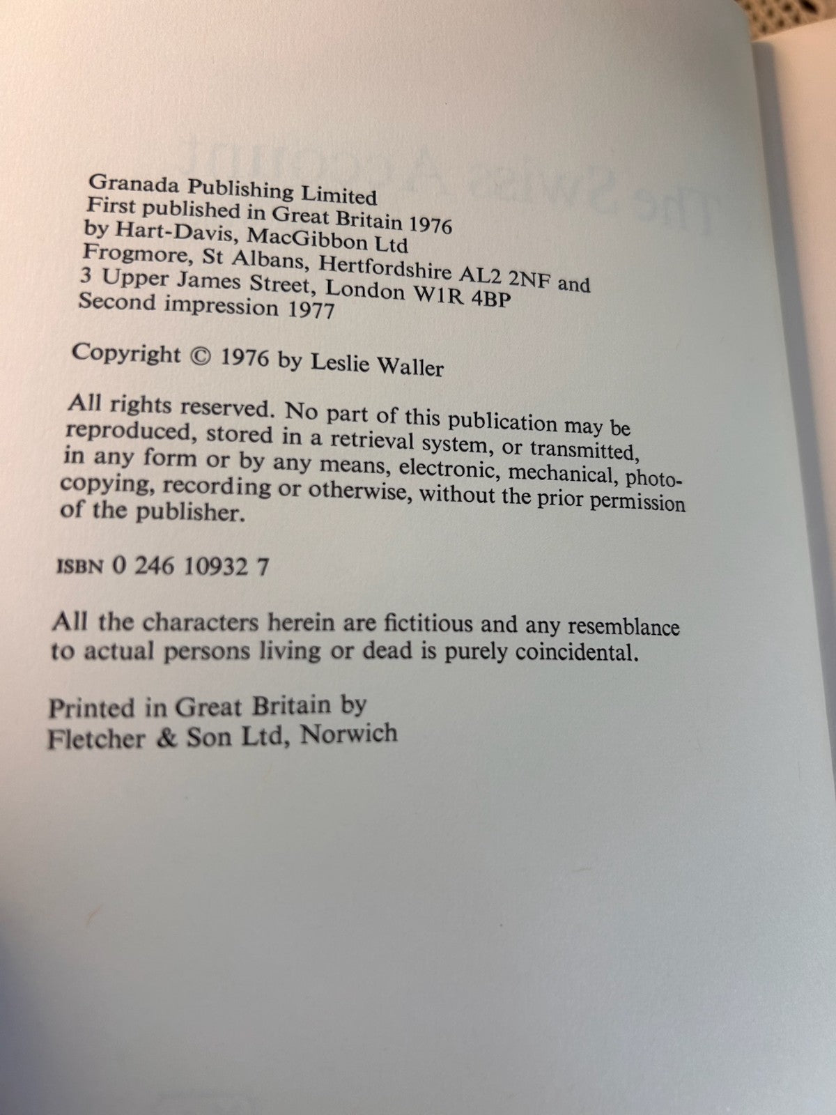 The Swiss Account Leslie Waller 1977 Hardcover Hart-Davis MacGibbon