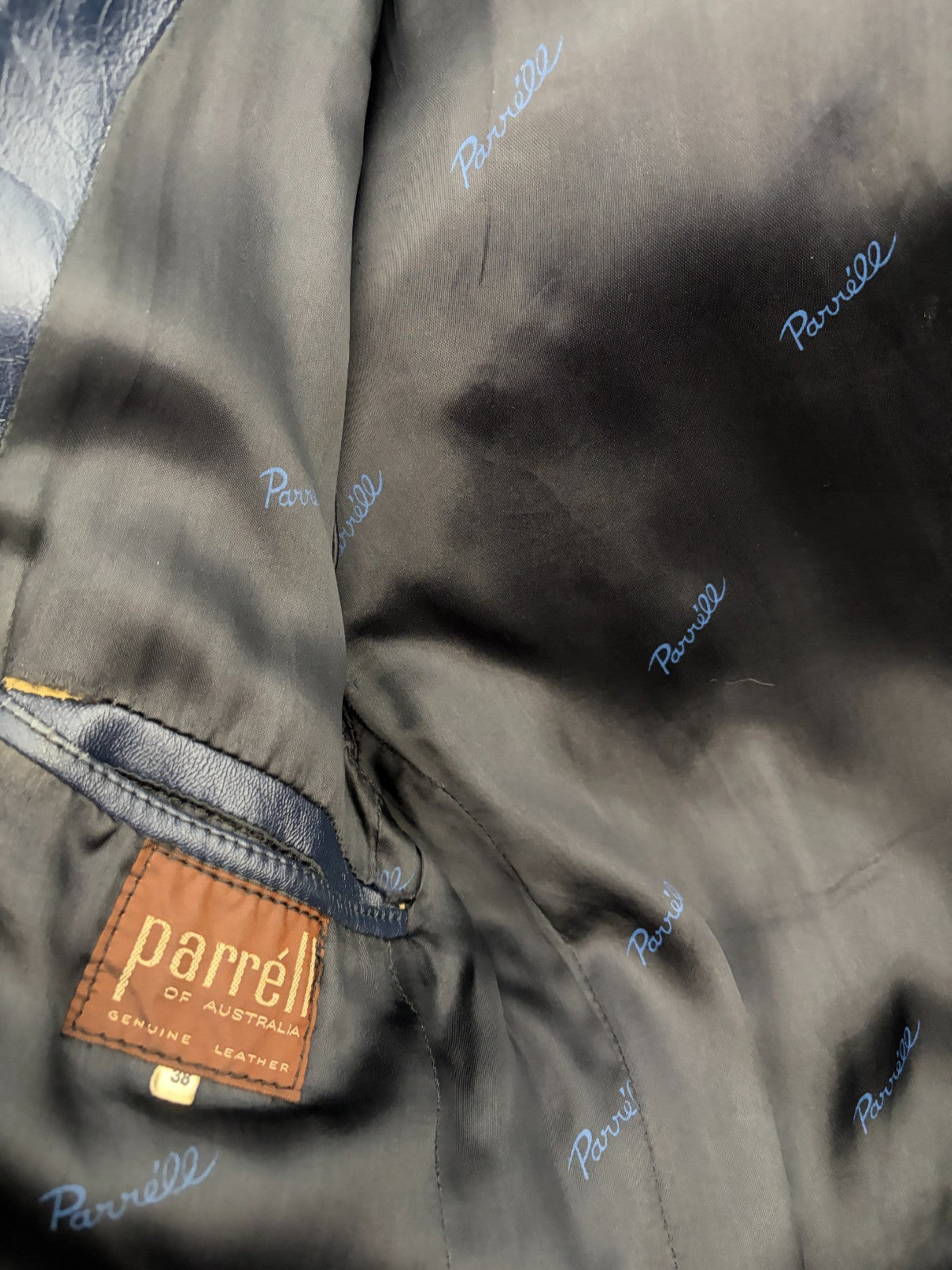 Vintage Parréll Australia Navy Blue Genuine Leather Blazer Jacket Size 38