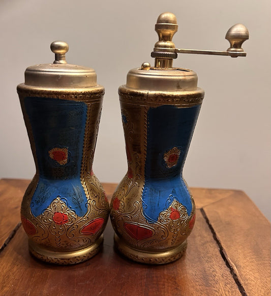 Vintage Italian Salt Pepper Grinder Set Blue Gold Florentine Style Pair