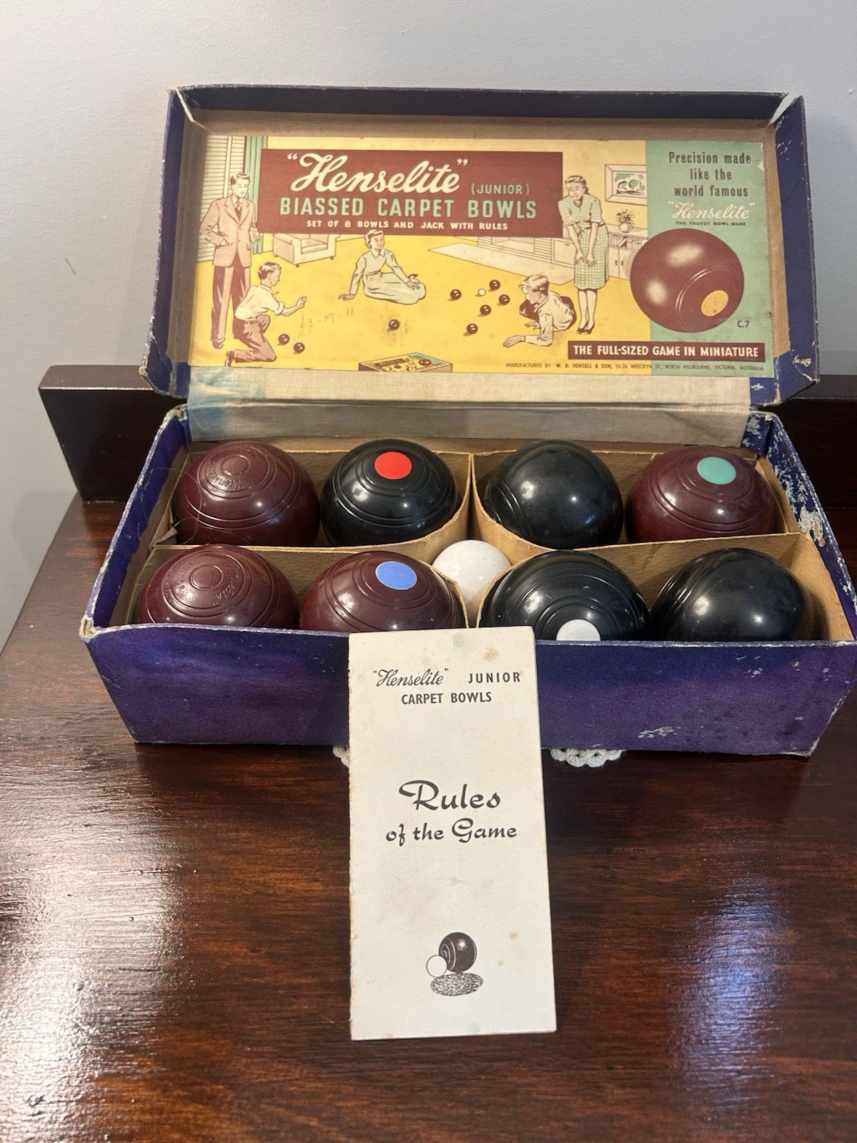 Vintage c1950s Henselite Junior Biassed Carpet Bowls Complete Set, Jack & Rules