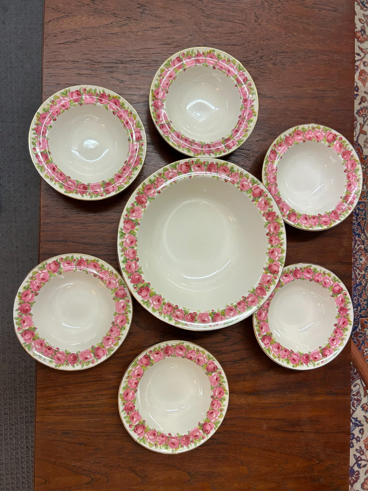 Vintage Royal Doulton Rose Garland Bowl Set 1 Large + 6 Small Bowls D5533